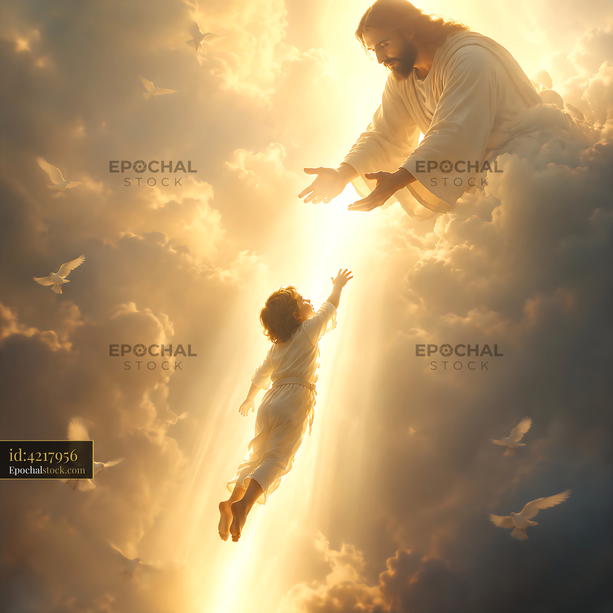 Watermarked full-resolution preview of Jesus reaching out to a child in a heavenly scene