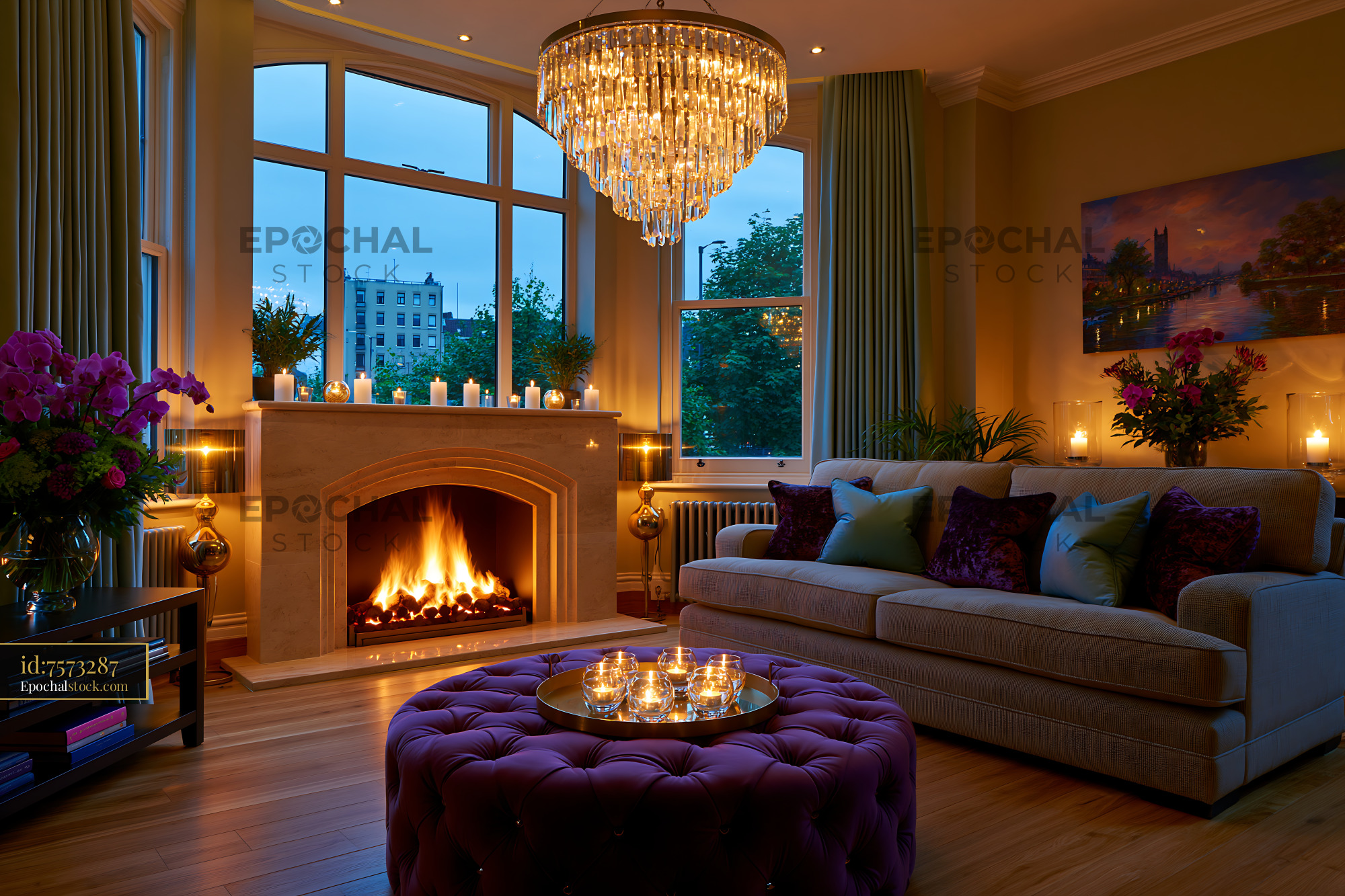 Watermarked full-resolution preview of Relaxing living room with a fireplace and a chandelier in the evening