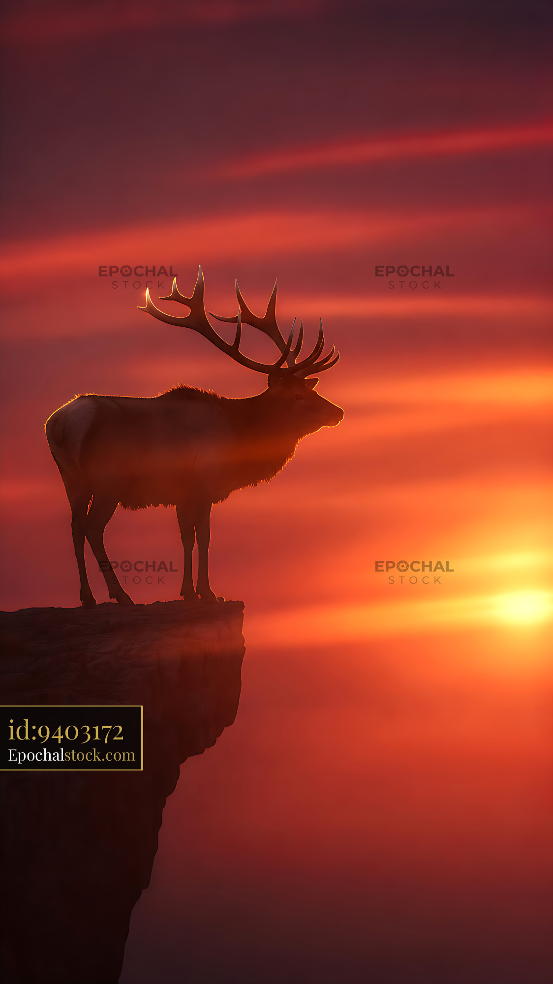 Watermarked full-resolution preview of Deer standing on cliff during sunset