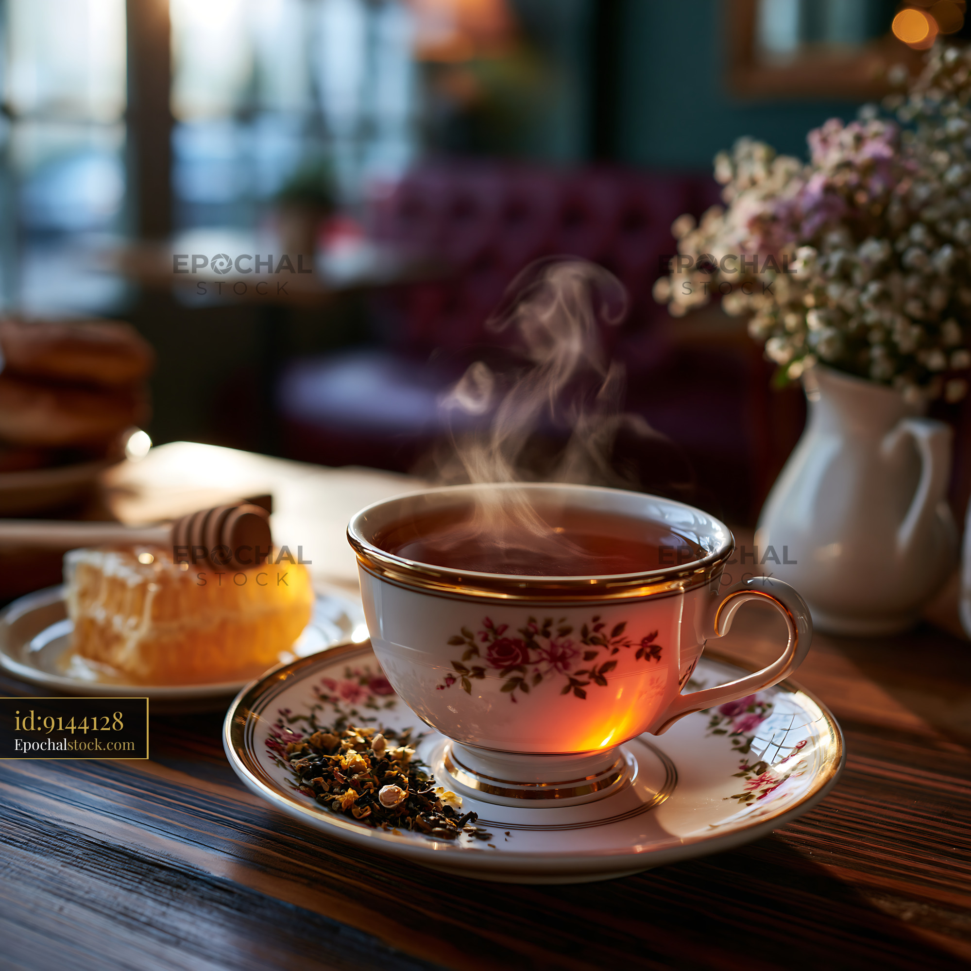 Watermarked full-resolution preview of Warm tea cup with steam on a wooden table next to dessert