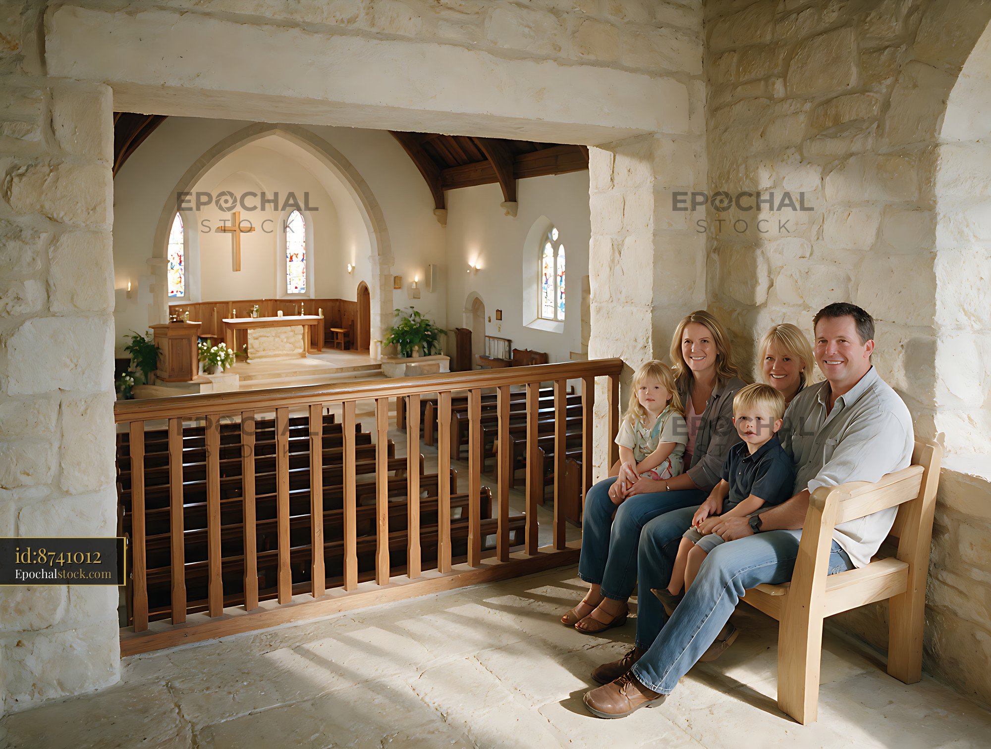 Watermarked full-resolution preview of Family together in a bright church interior