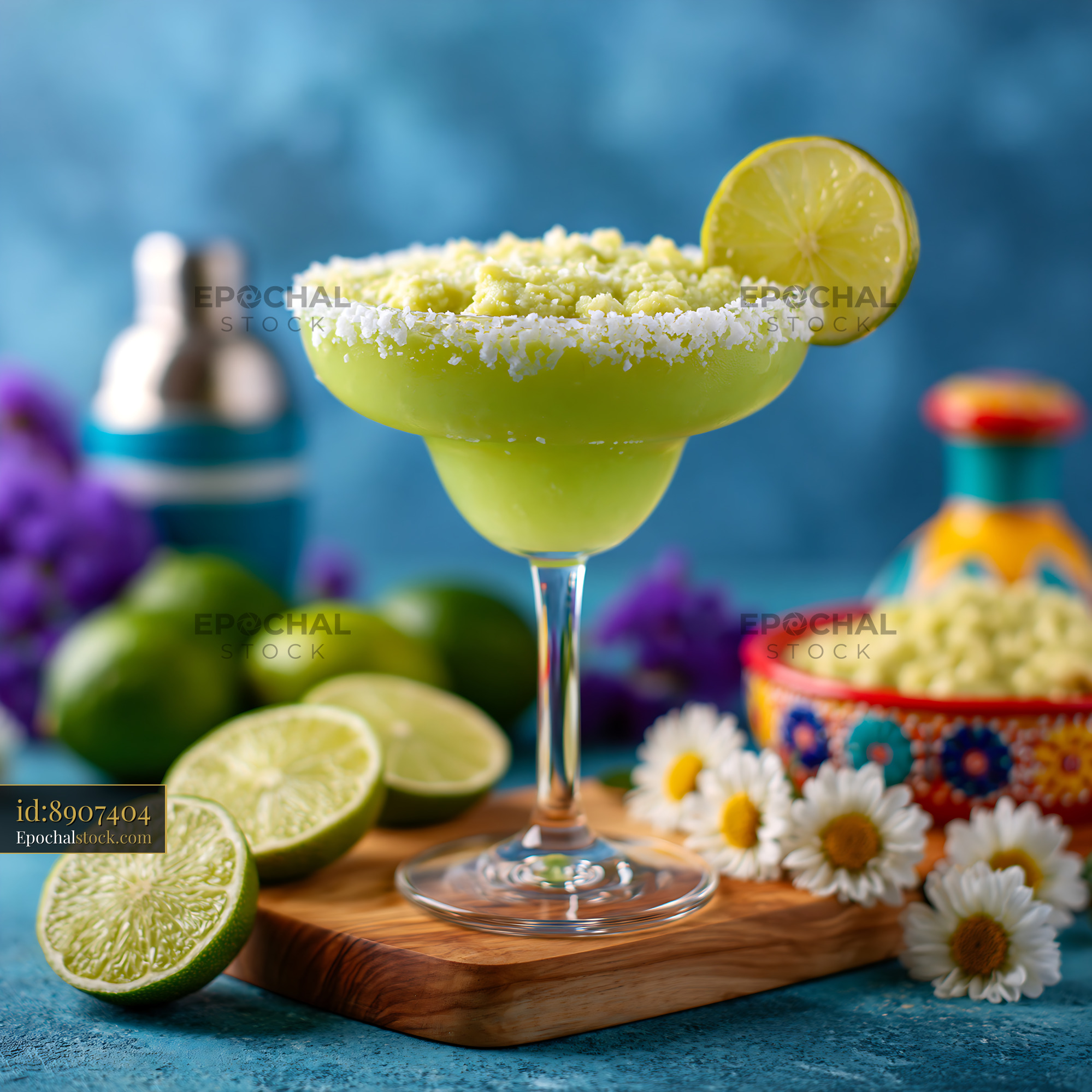 Watermarked full-resolution preview of Refreshing lime margarita on a wooden board with cut limes