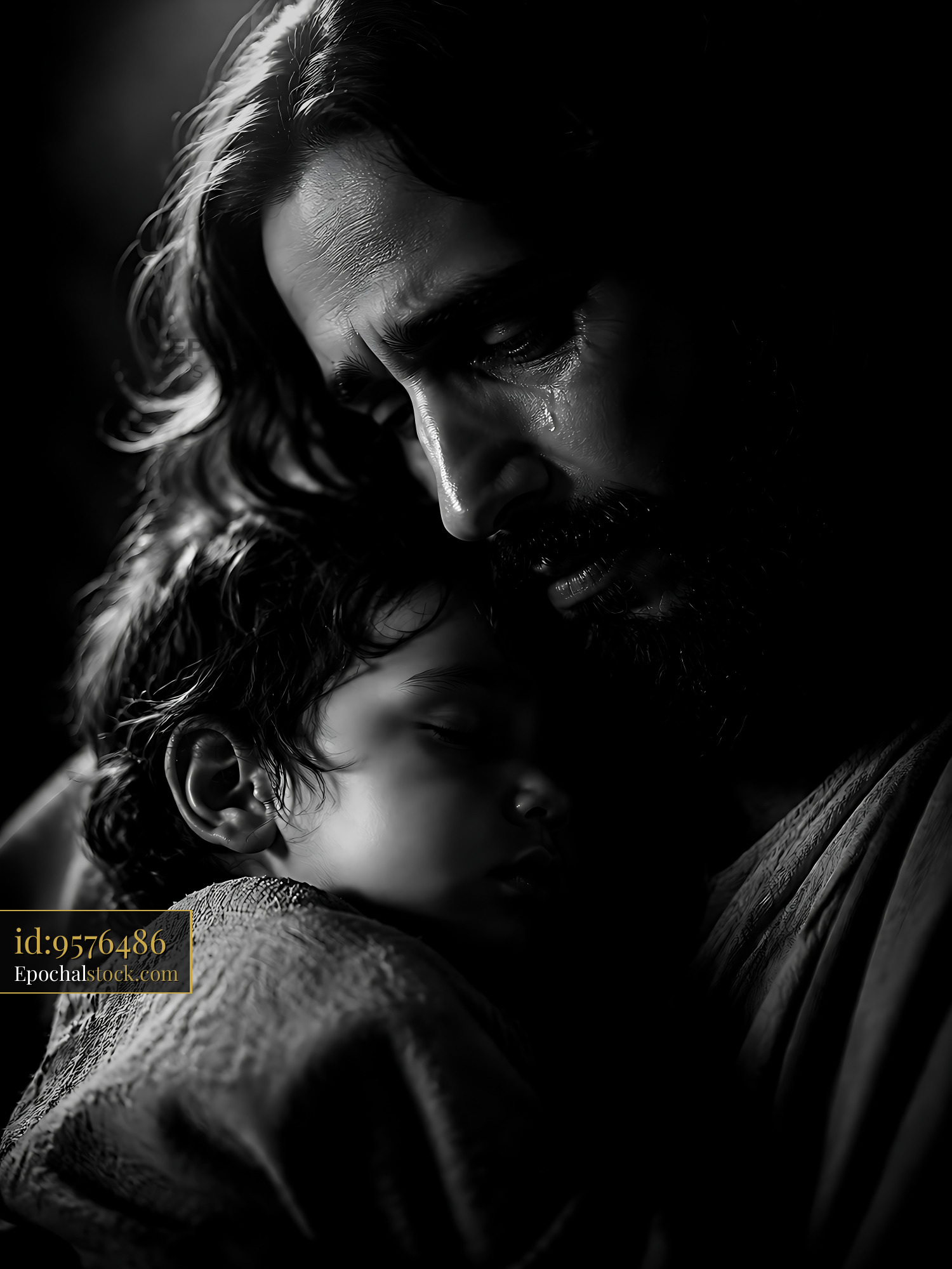 Watermarked full-resolution preview of Father holding child in dark setting