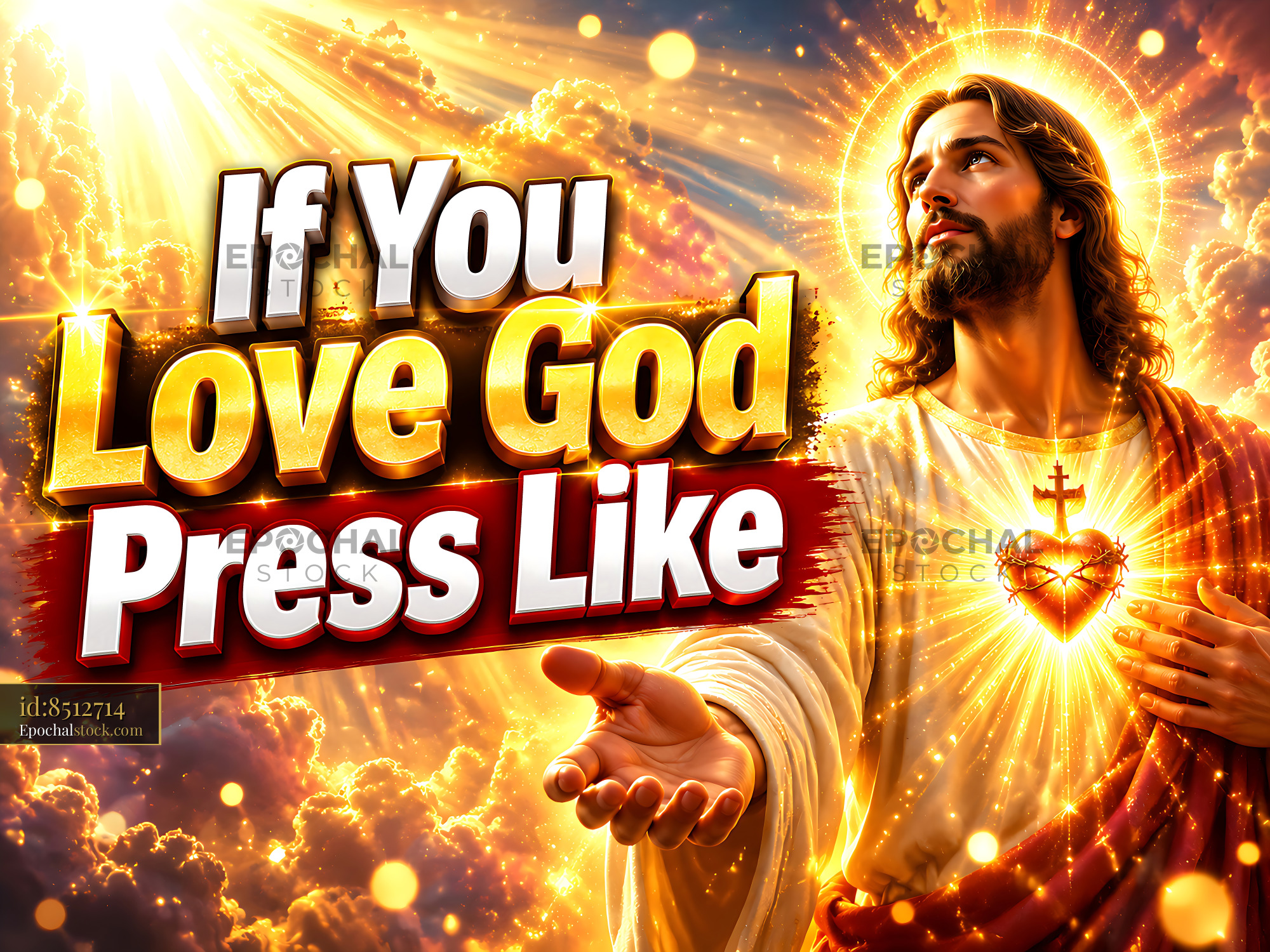 Jesus With a Glowing Heart in Front of Clouds and Sunlight - stock photo