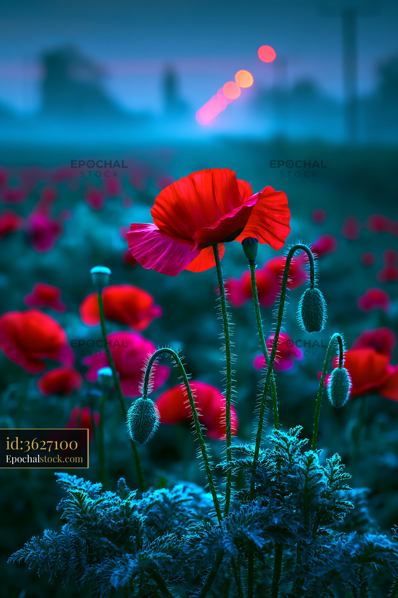 Watermarked full-resolution preview of Poppy flowers in a field during twilight