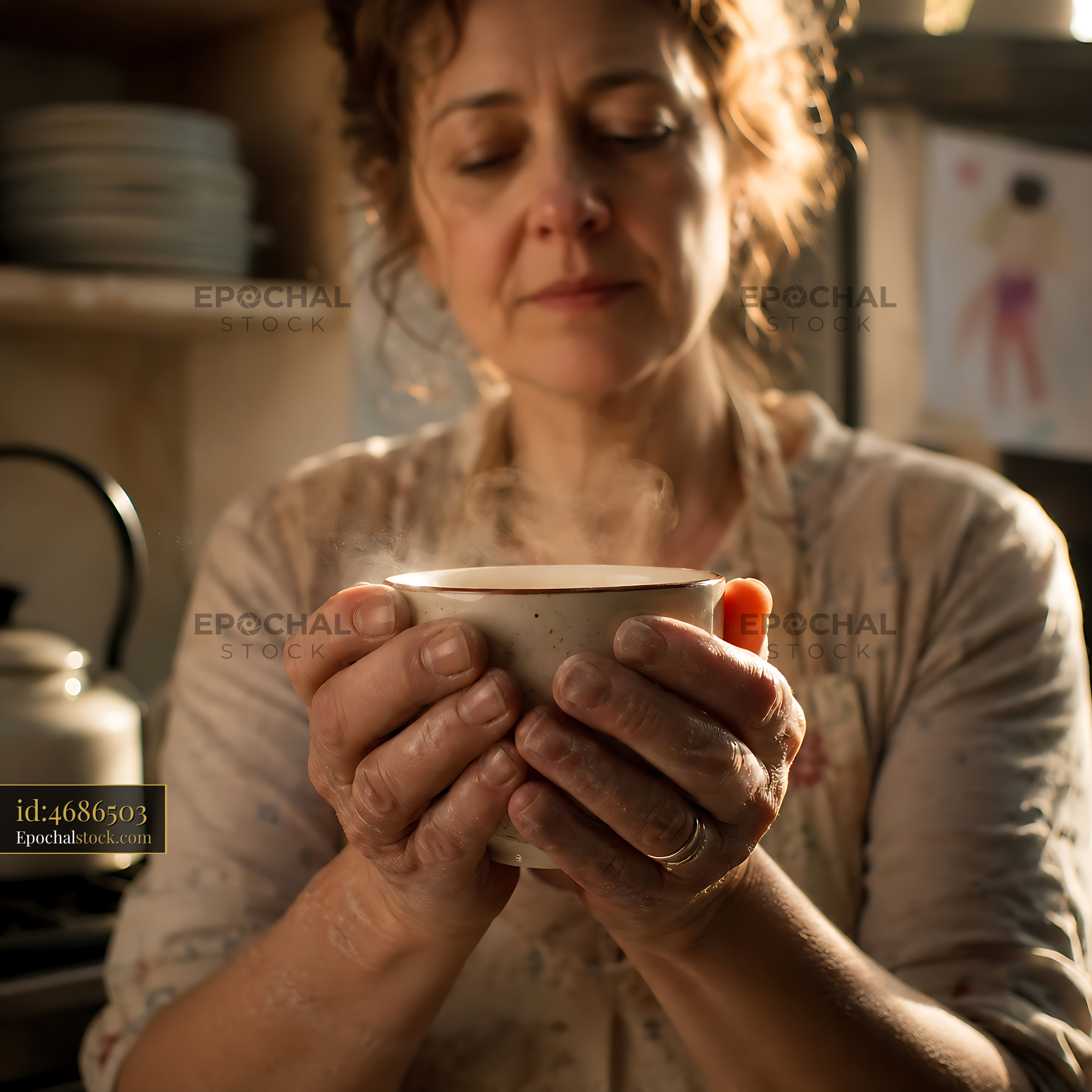 Watermarked full-resolution preview of Woman holding cup of hot beverage in a cozy kitchen