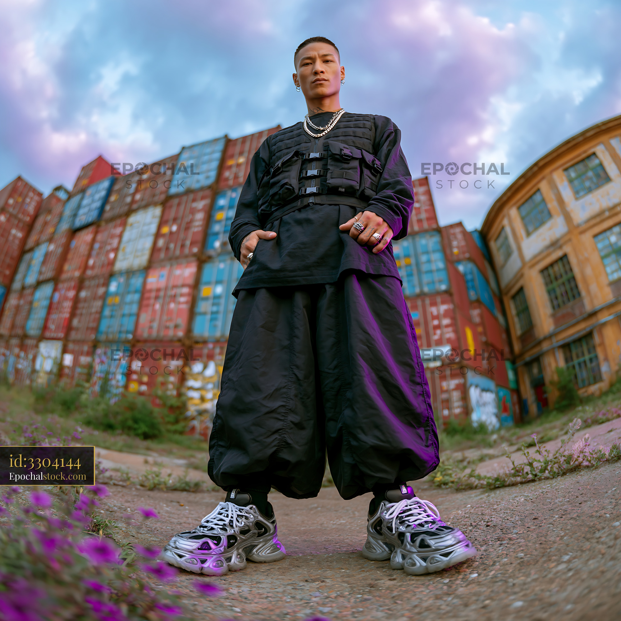 Watermarked full-resolution preview of Man in black outfit poses in urban area with colorful containers
