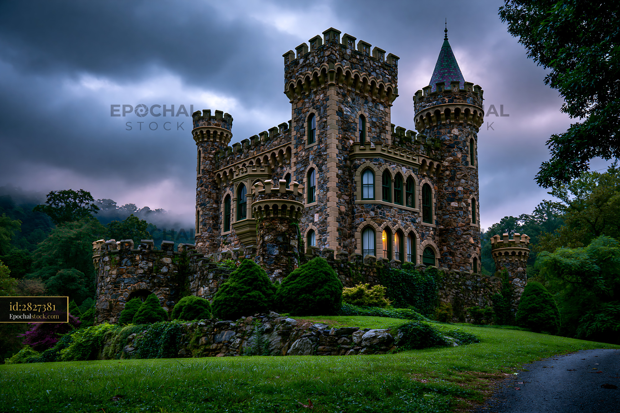 Watermarked full-resolution preview of Stone castle with towers under cloudy sky at dusk