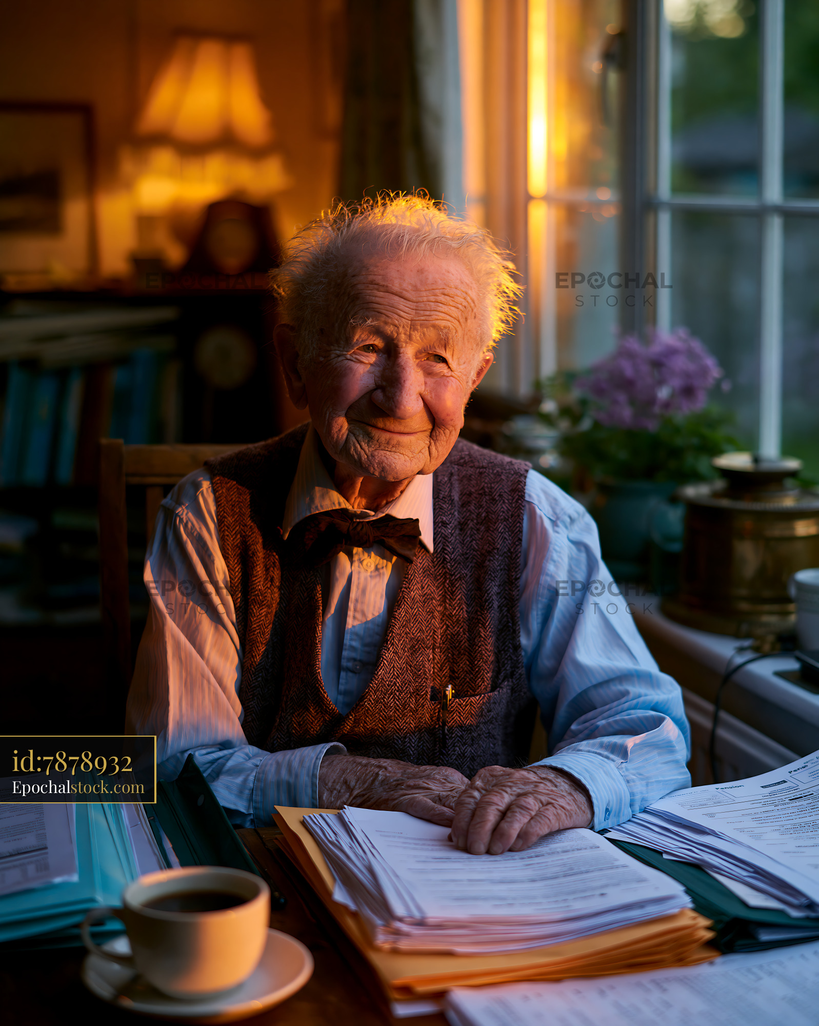 Watermarked full-resolution preview of Elderly man smiling at desk surrounded by documents