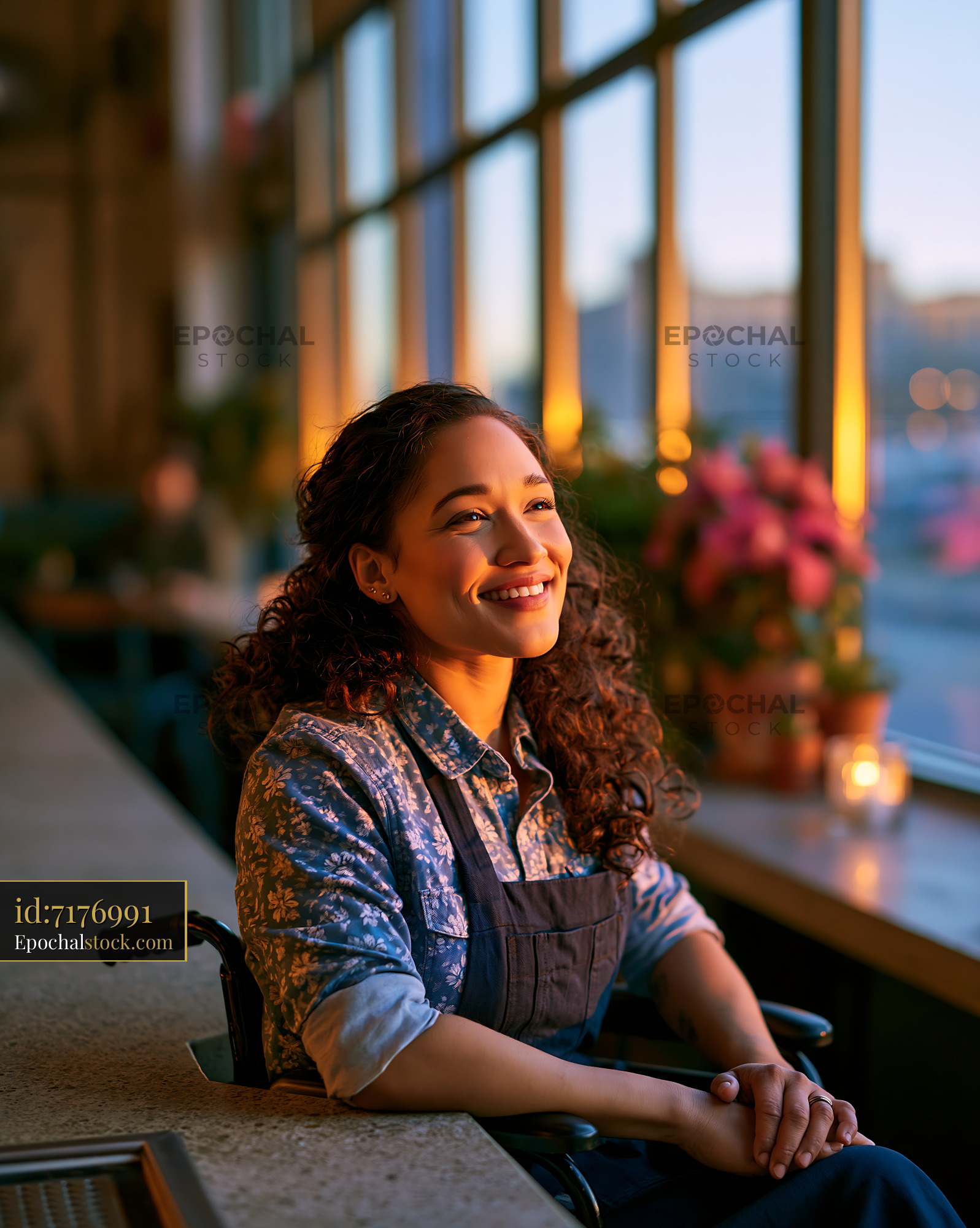 Watermarked full-resolution preview of Smiling woman in a cafe during sunset