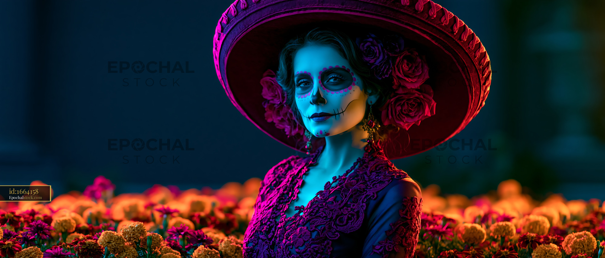 Watermarked full-resolution preview of Woman dressed for Day of the Dead celebration with flowers and hat