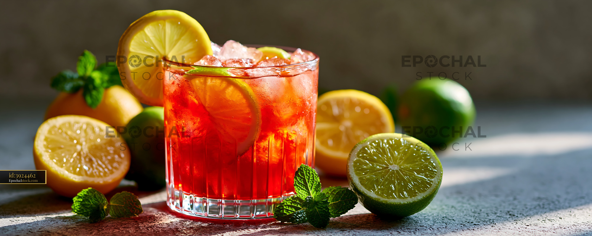 Watermarked full-resolution preview of Fresh cocktail with citrus slices and mint on a table