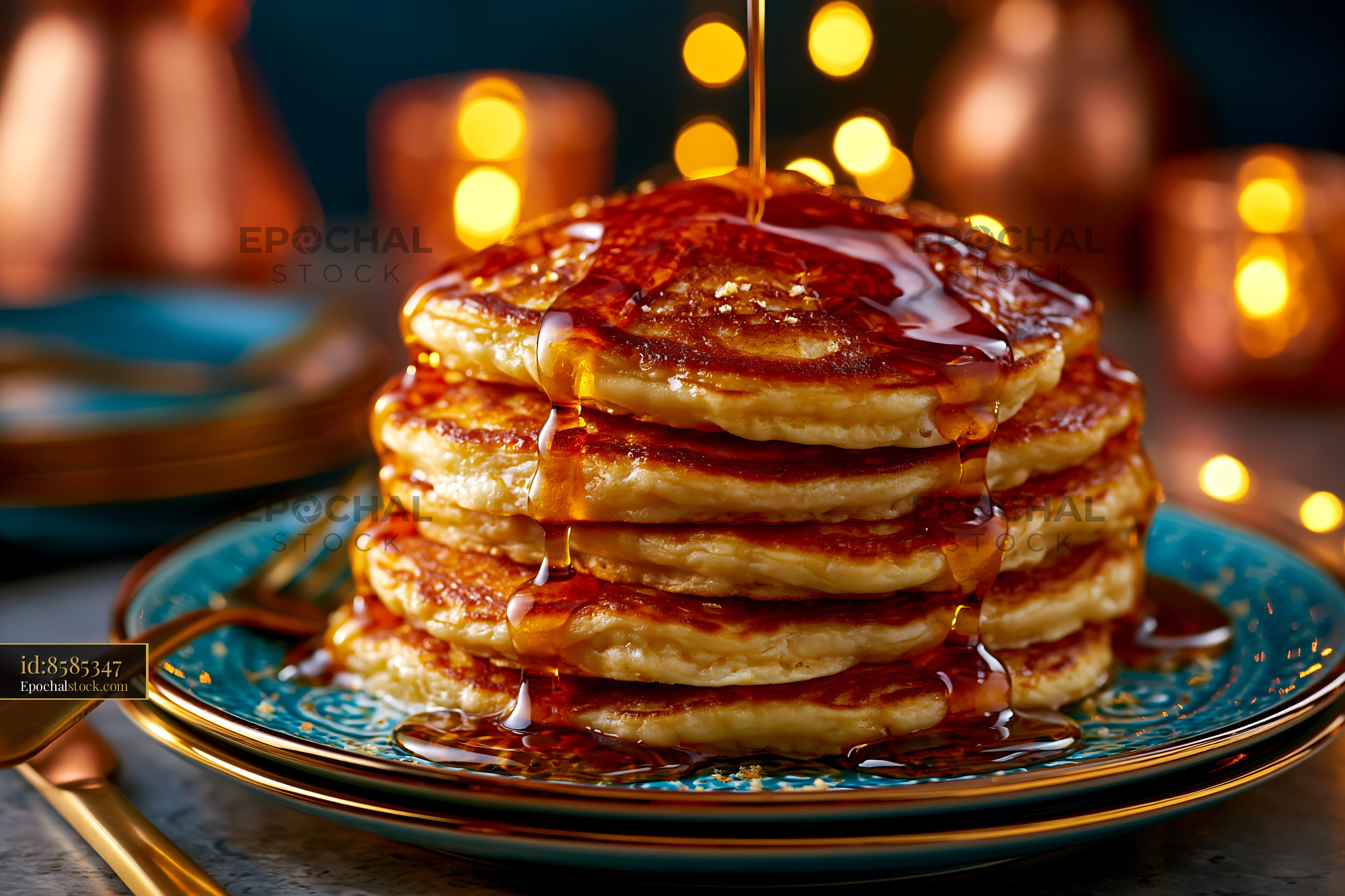 Watermarked full-resolution preview of Stack of pancakes with syrup on a plate