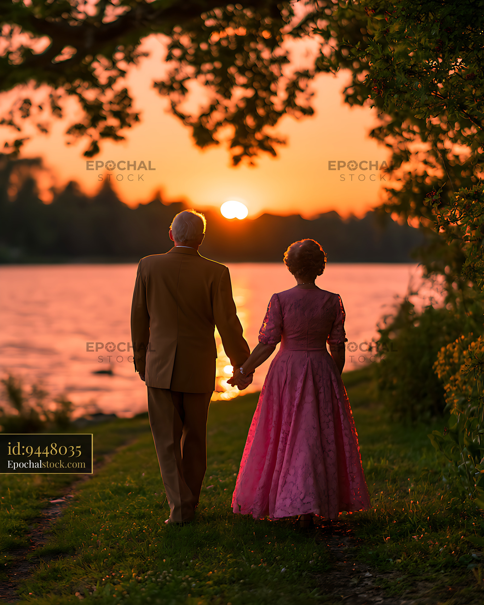 Watermarked full-resolution preview of Couple holding hands beside a lake in golden sunset light
