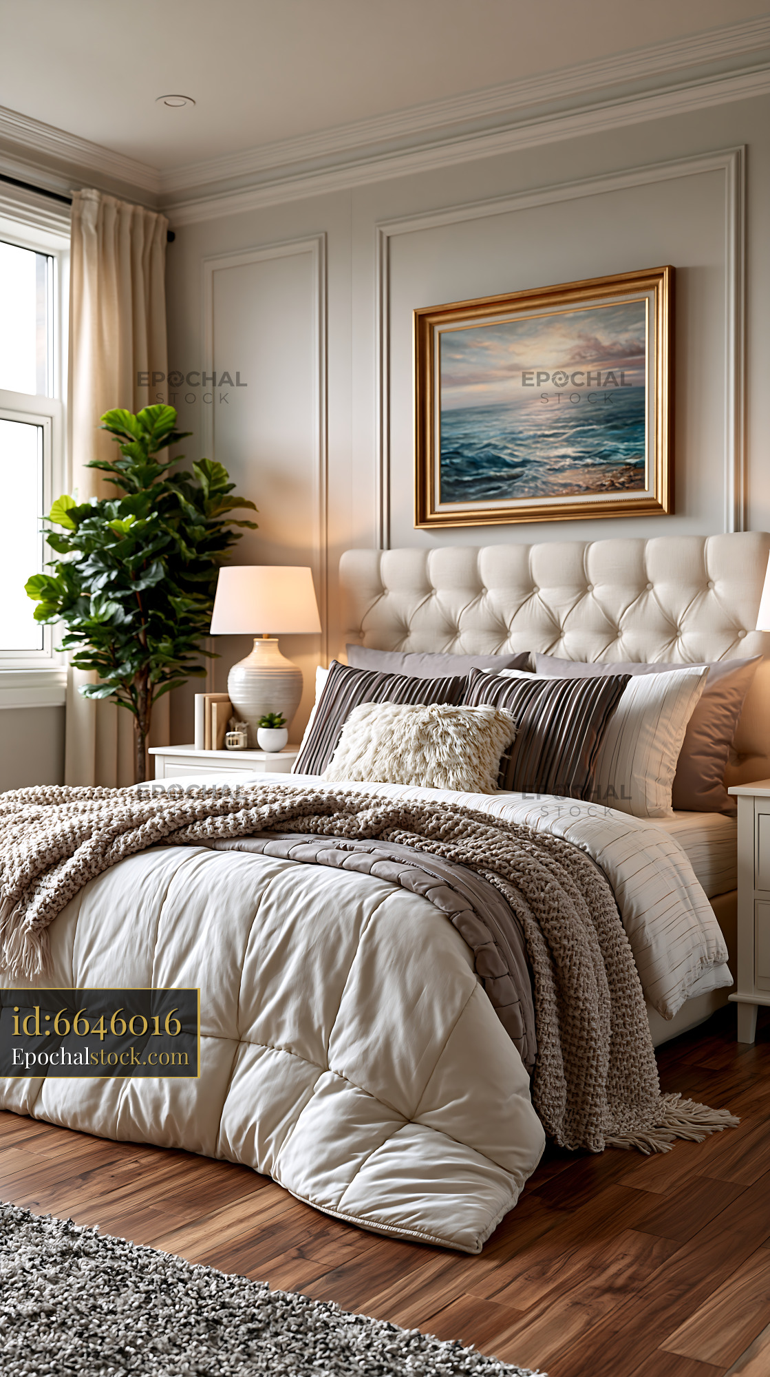 Watermarked full-resolution preview of Modern bedroom with cozy bedding and natural light