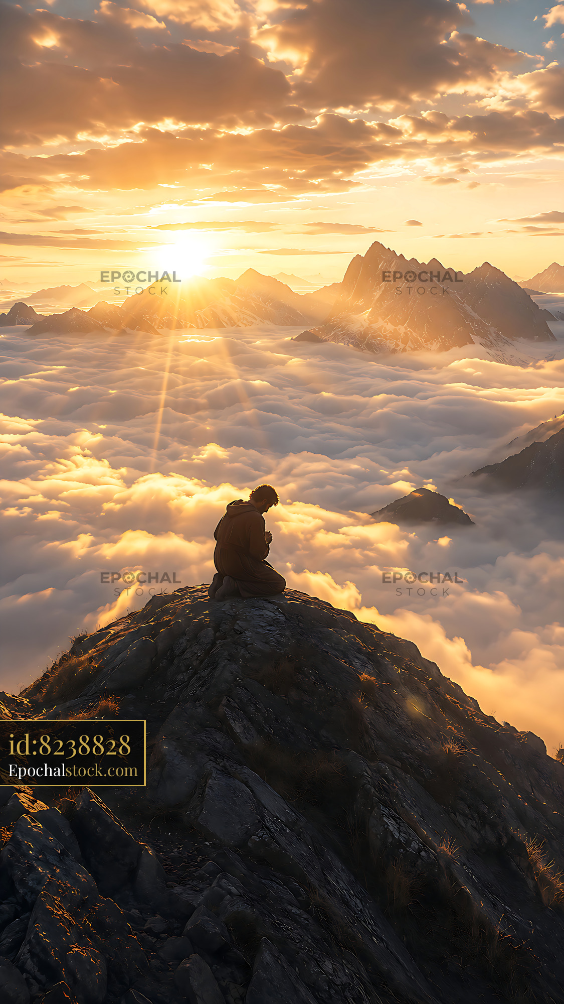 Person Sitting on Mountain Rock During Sunset Over Clouds - stock photo