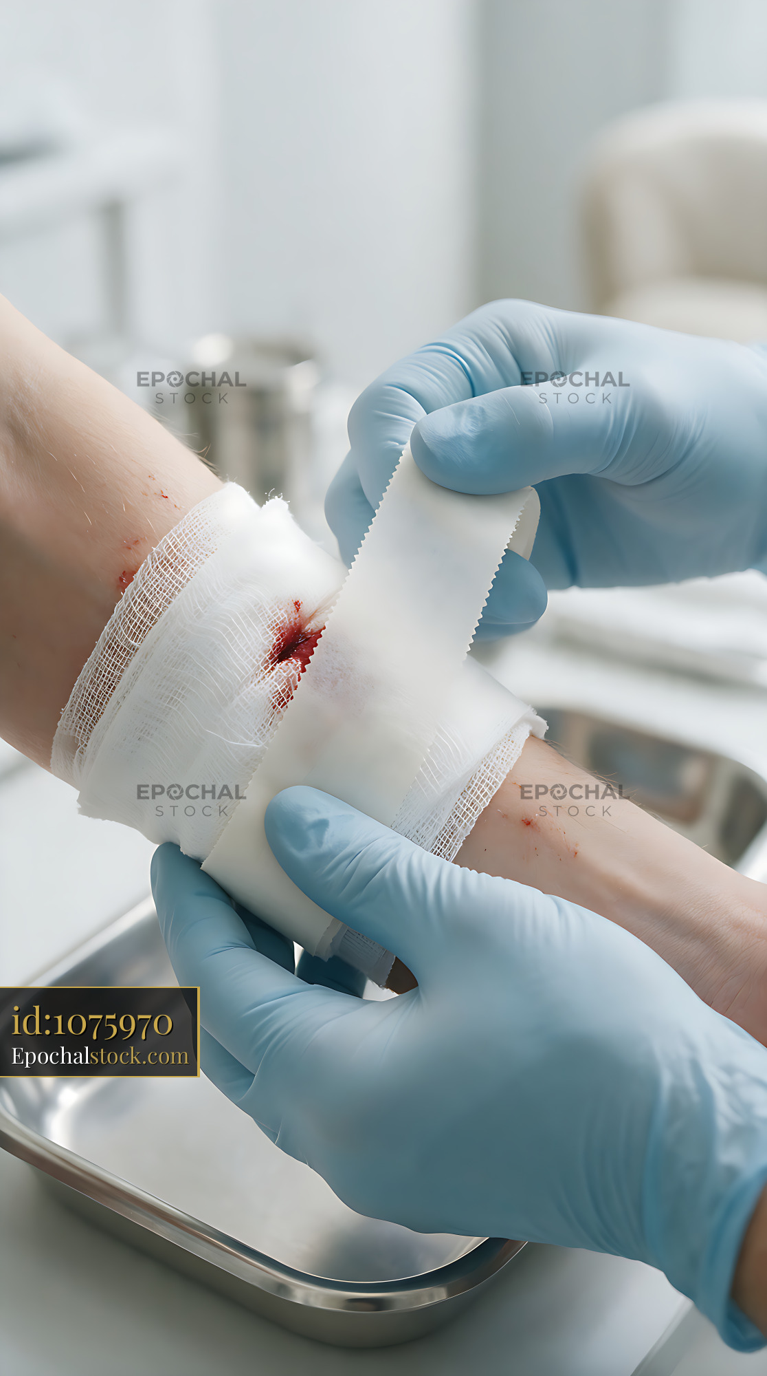 Watermarked full-resolution preview of Workplace first aid with gauze bandage on injured arm