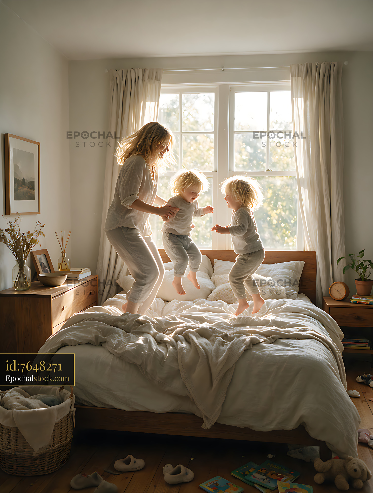 Watermarked full-resolution preview of Mother playing with blond children on bed