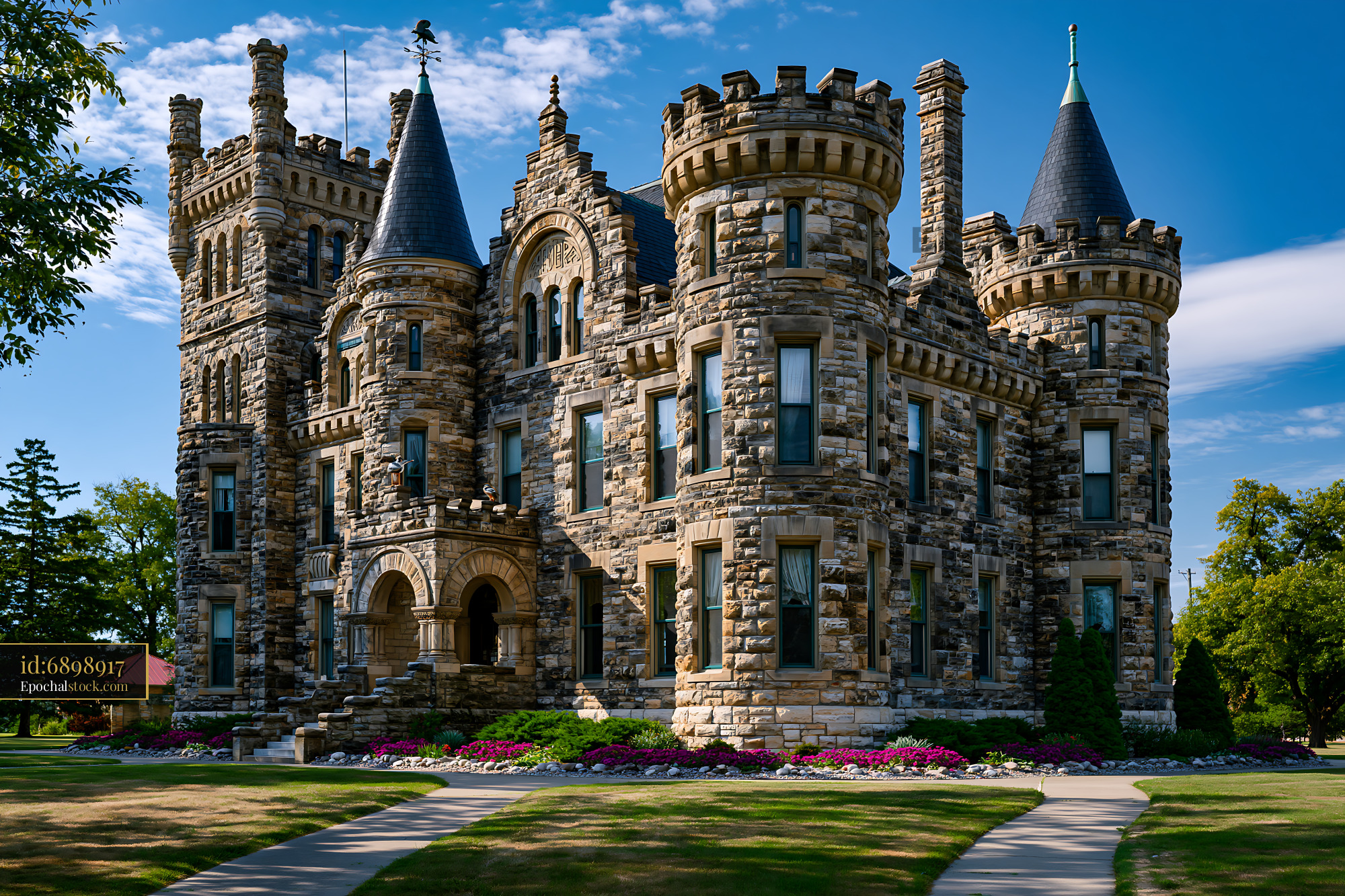 Watermarked full-resolution preview of Historic stone castle with turrets and landscaped gardens