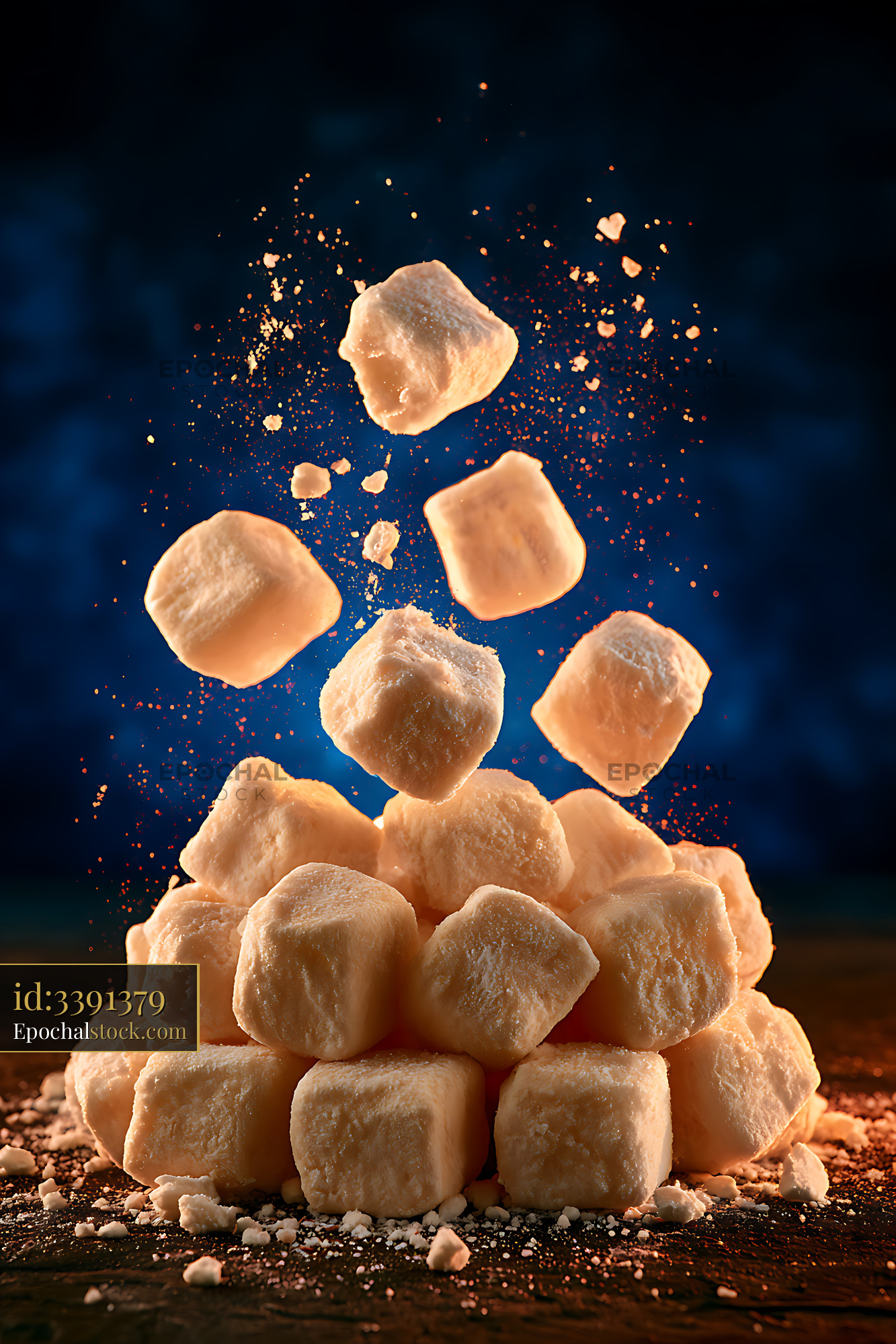 Watermarked full-resolution preview of Floating marshmallow cubes creating a sugar pile