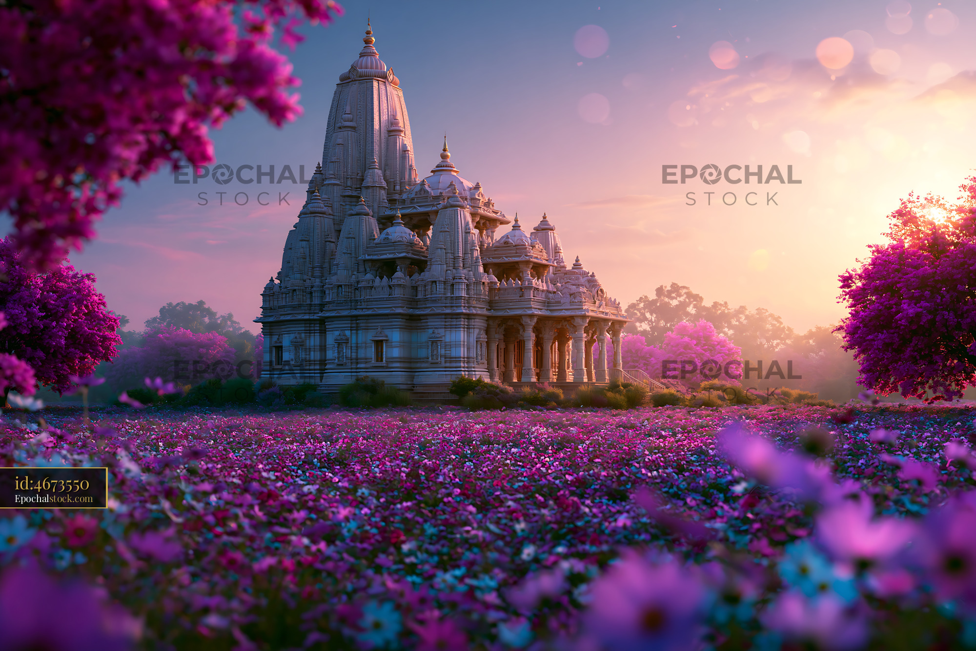 Watermarked full-resolution preview of Temple surrounded by purple flowers at sunset