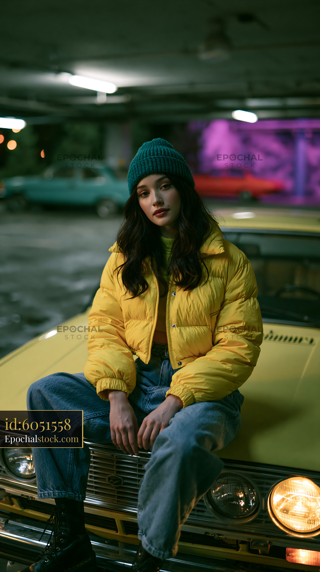 Watermarked full-resolution preview of Young woman sits on yellow car in garage at night
