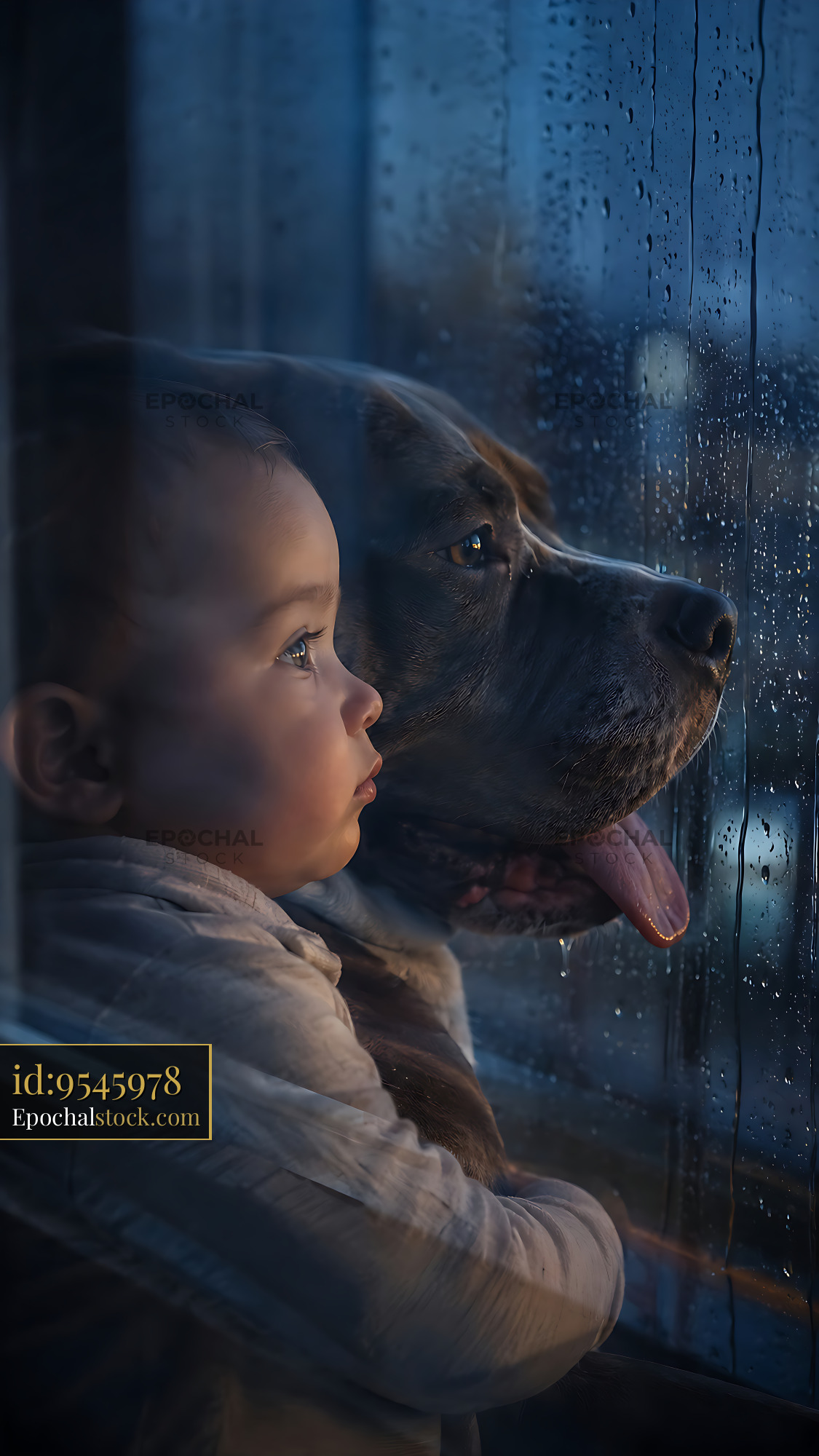 Watermarked full-resolution preview of Child and dog looking out window on a rainy day