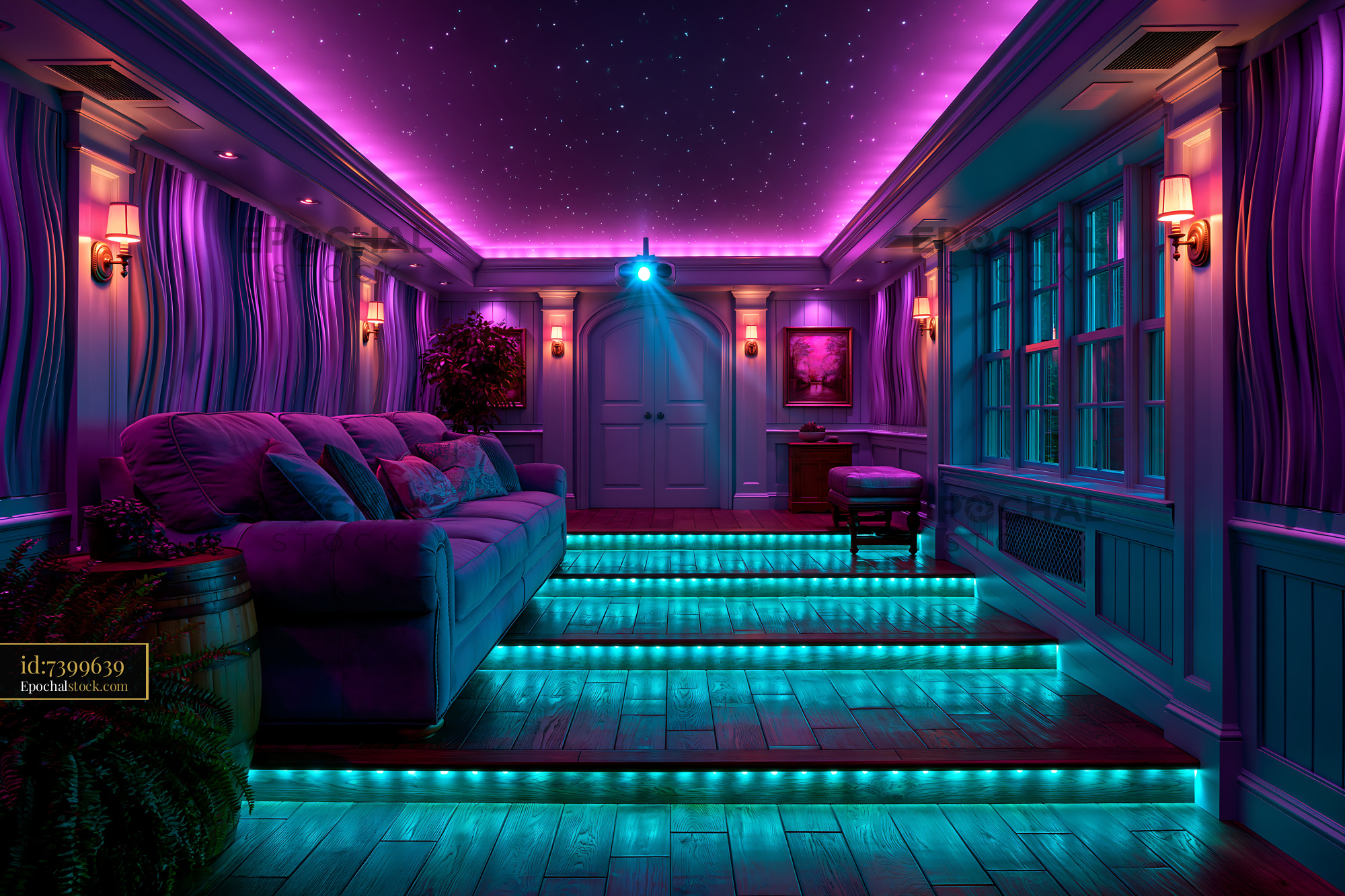 Watermarked full-resolution preview of Cozy room with purple and blue lighting and comfortable seating