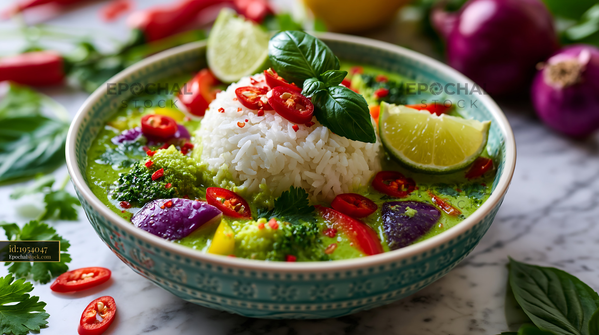 Watermarked full-resolution preview of Vegetable curry with rice and fresh lime