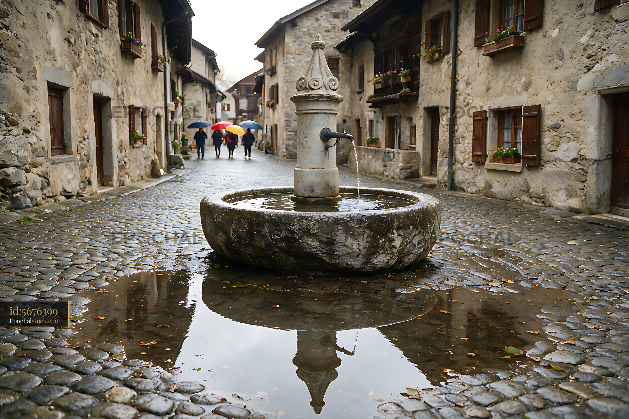 Watermarked full-resolution preview of Traditional fountain in a rainy Swiss village lane