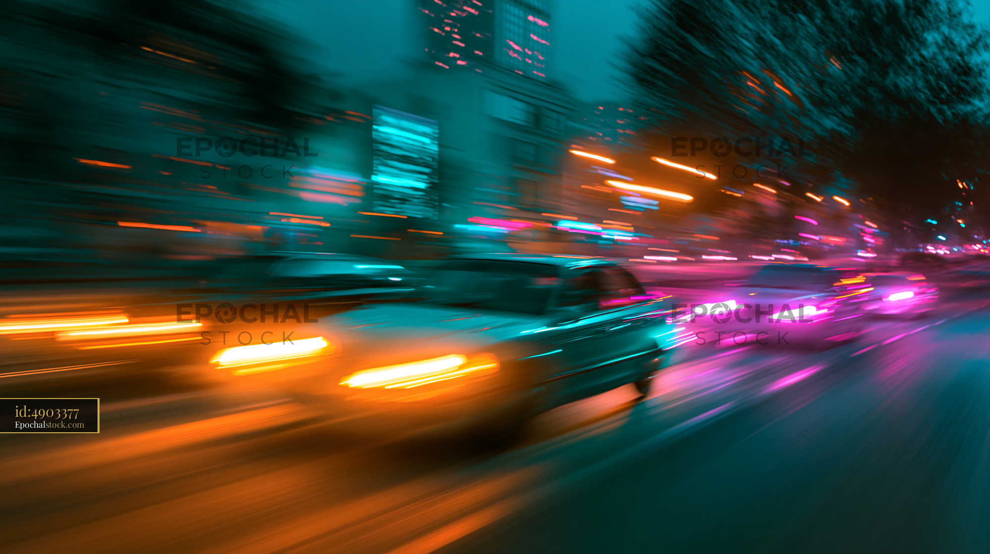 Cars Drive Fast Through City Streets at Night With Lights - stock photo