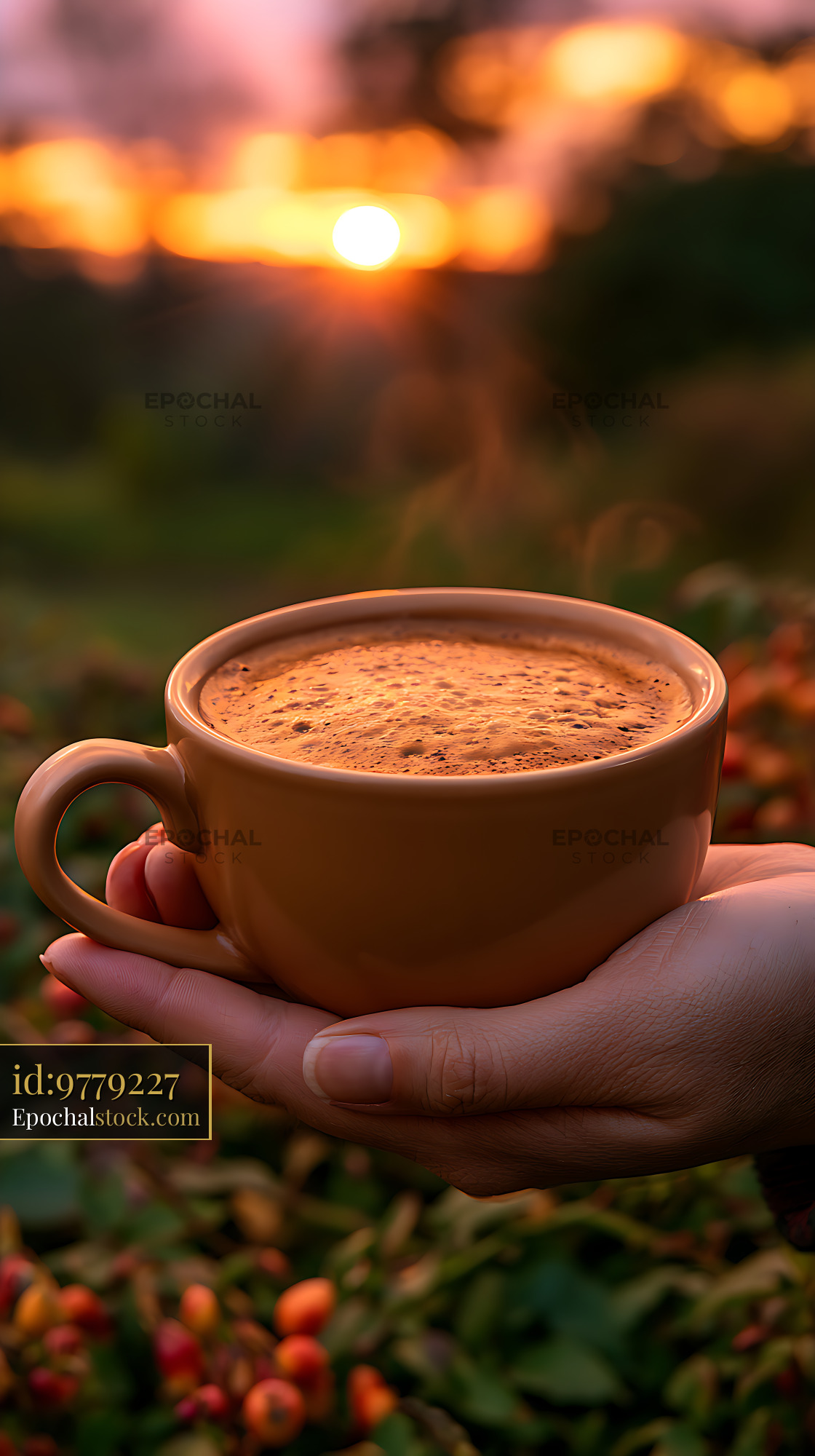 Watermarked full-resolution preview of Coffee Cup Held in Hand Against a Blurred Sunset