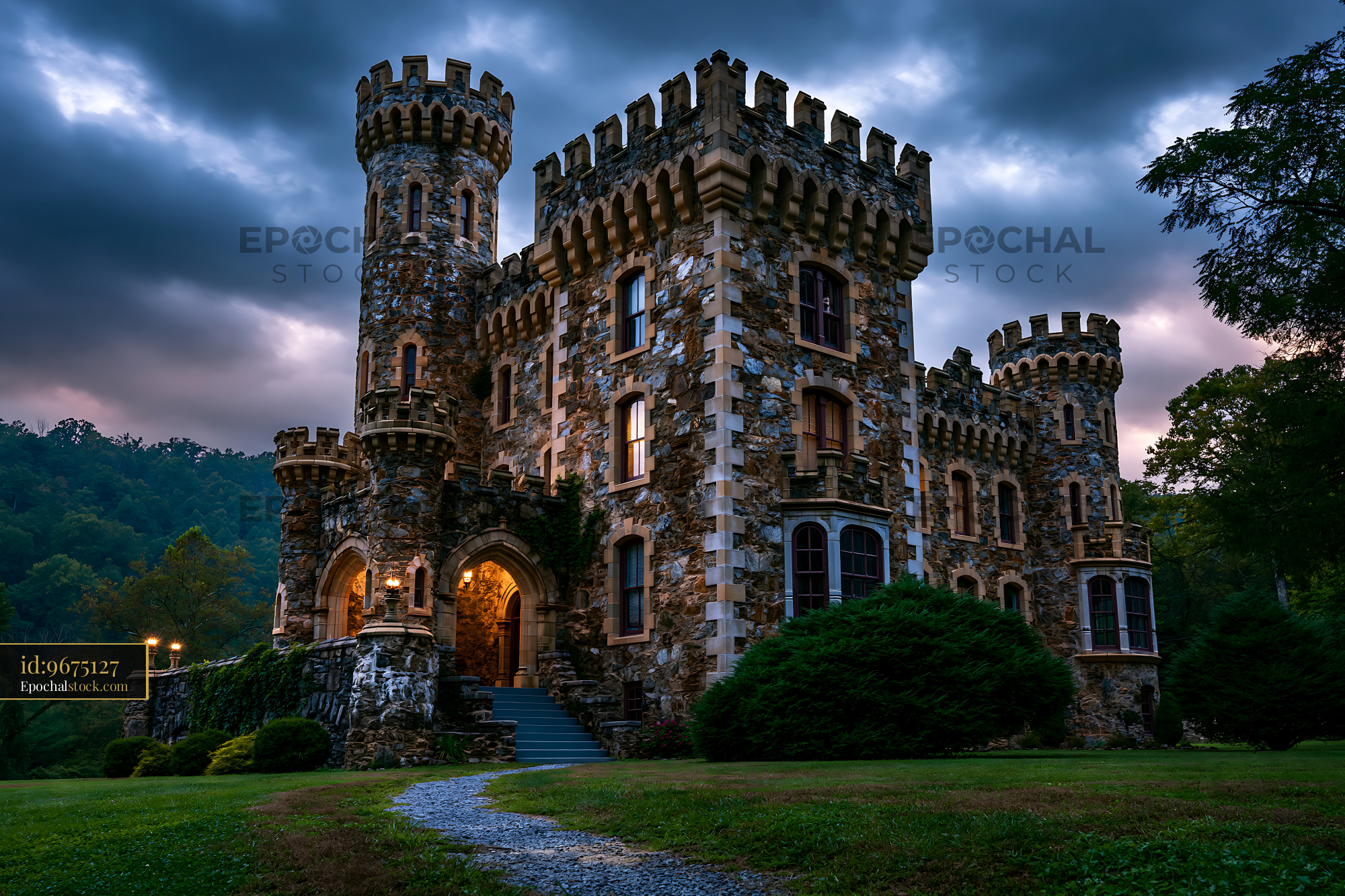 Watermarked full-resolution preview of Historic stone castle under cloudy sky at dusk
