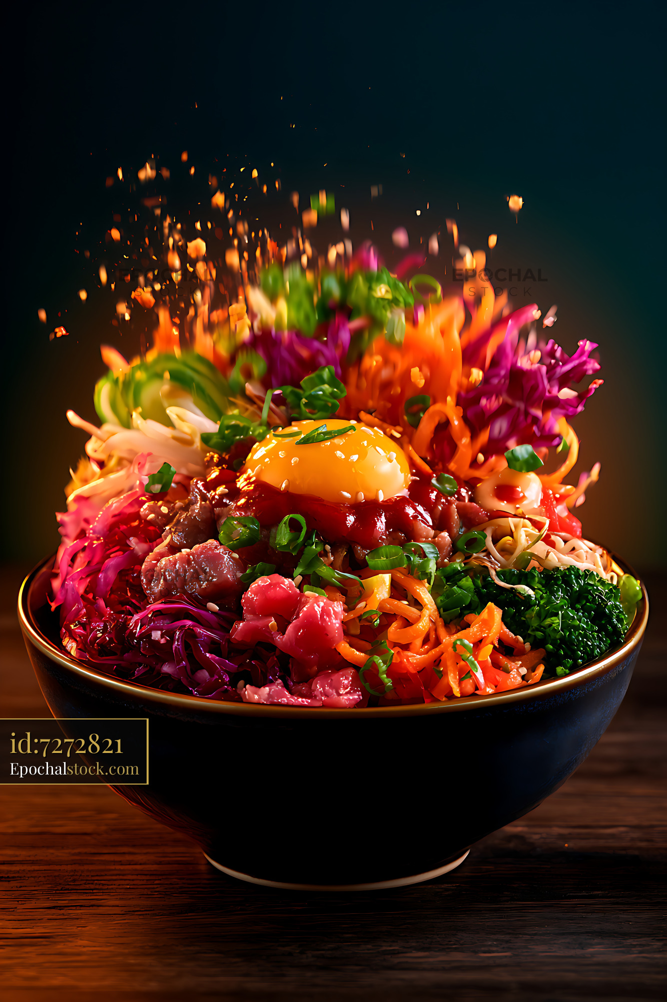 Watermarked full-resolution preview of Vibrant burger bowl with fresh vegetables and dramatic splash