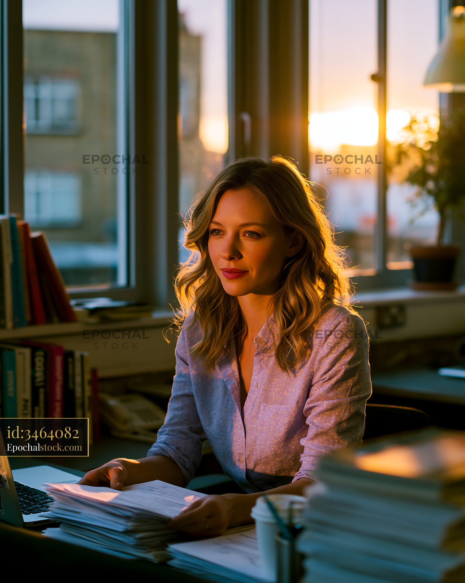 Watermarked full-resolution preview of Woman working at a desk with papers during sunset
