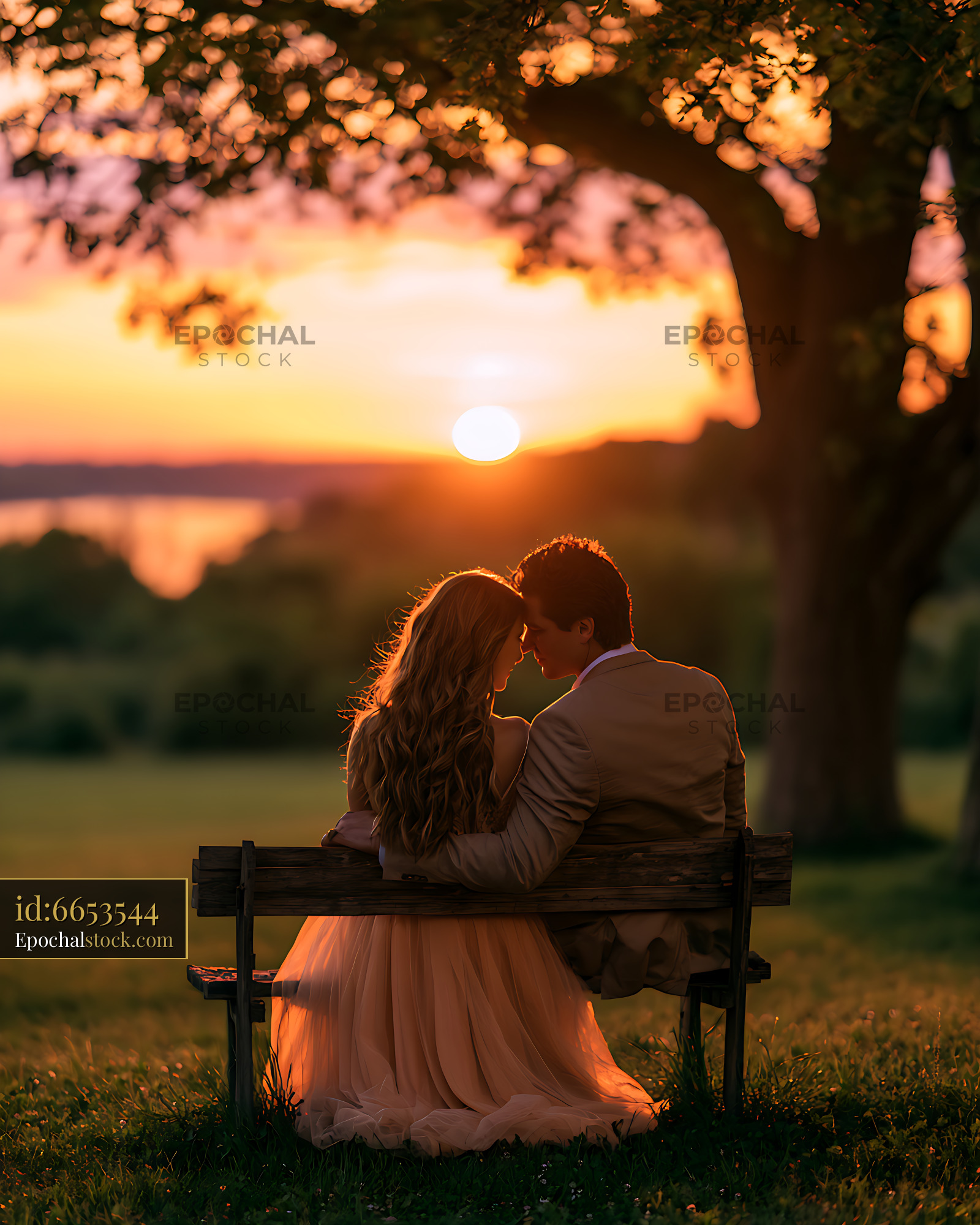 Watermarked full-resolution preview of Romantic couple sitting together on a bench at sunset