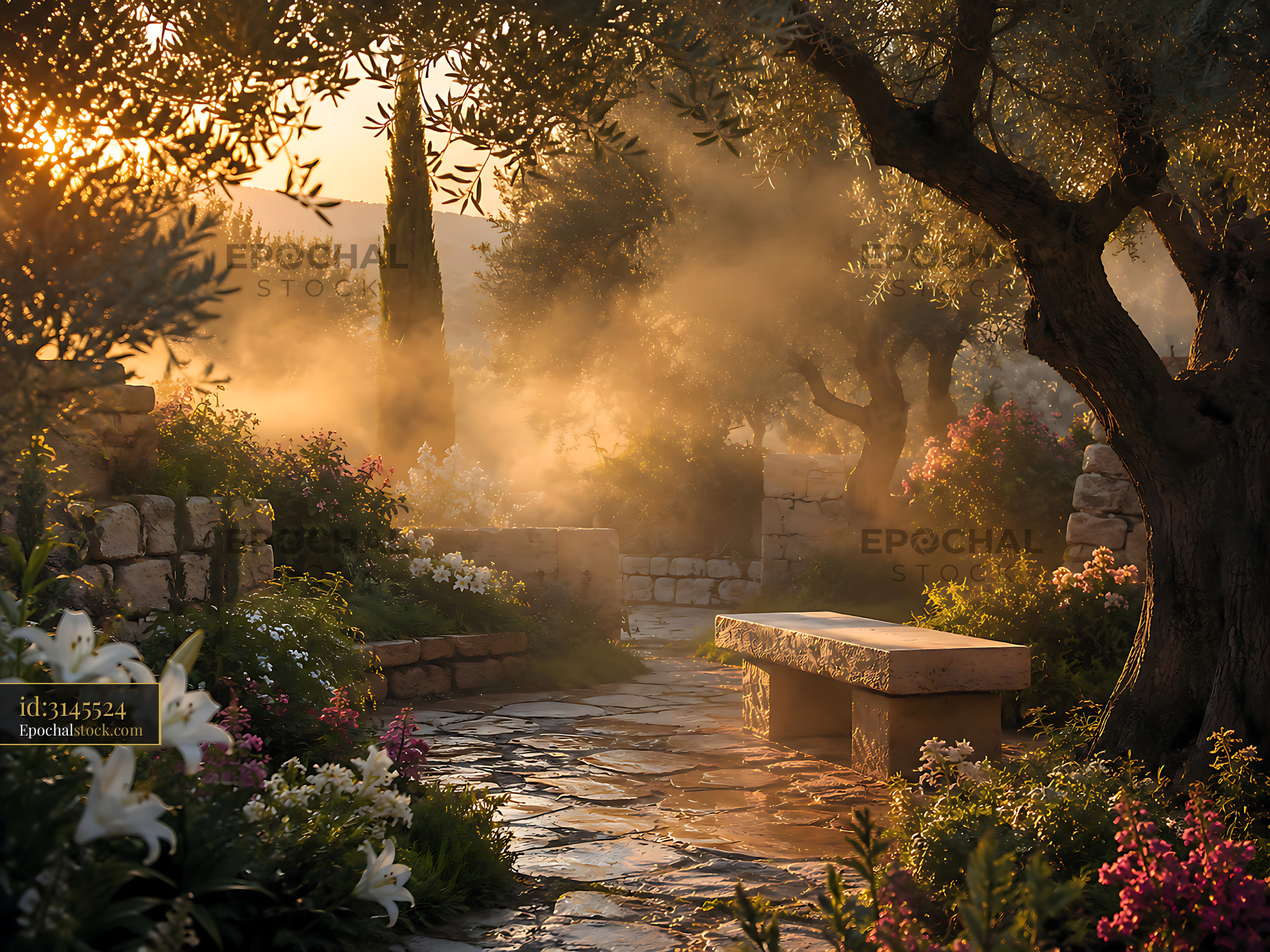 Watermarked full-resolution preview of Sunlight filters through trees in garden path