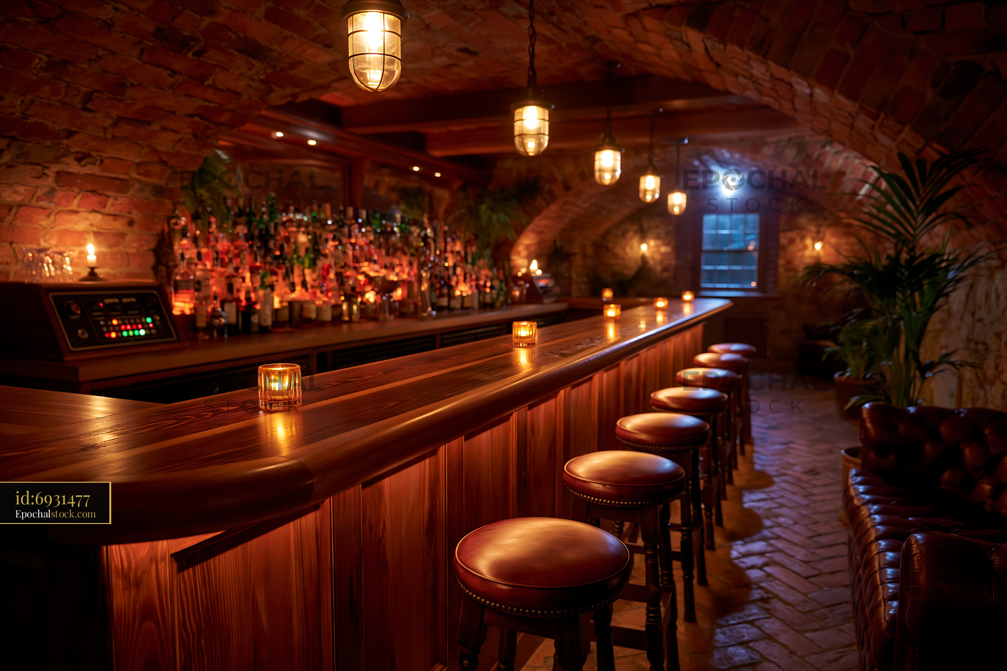 Watermarked full-resolution preview of Cozy bar interior with brick archways and wooden counter
