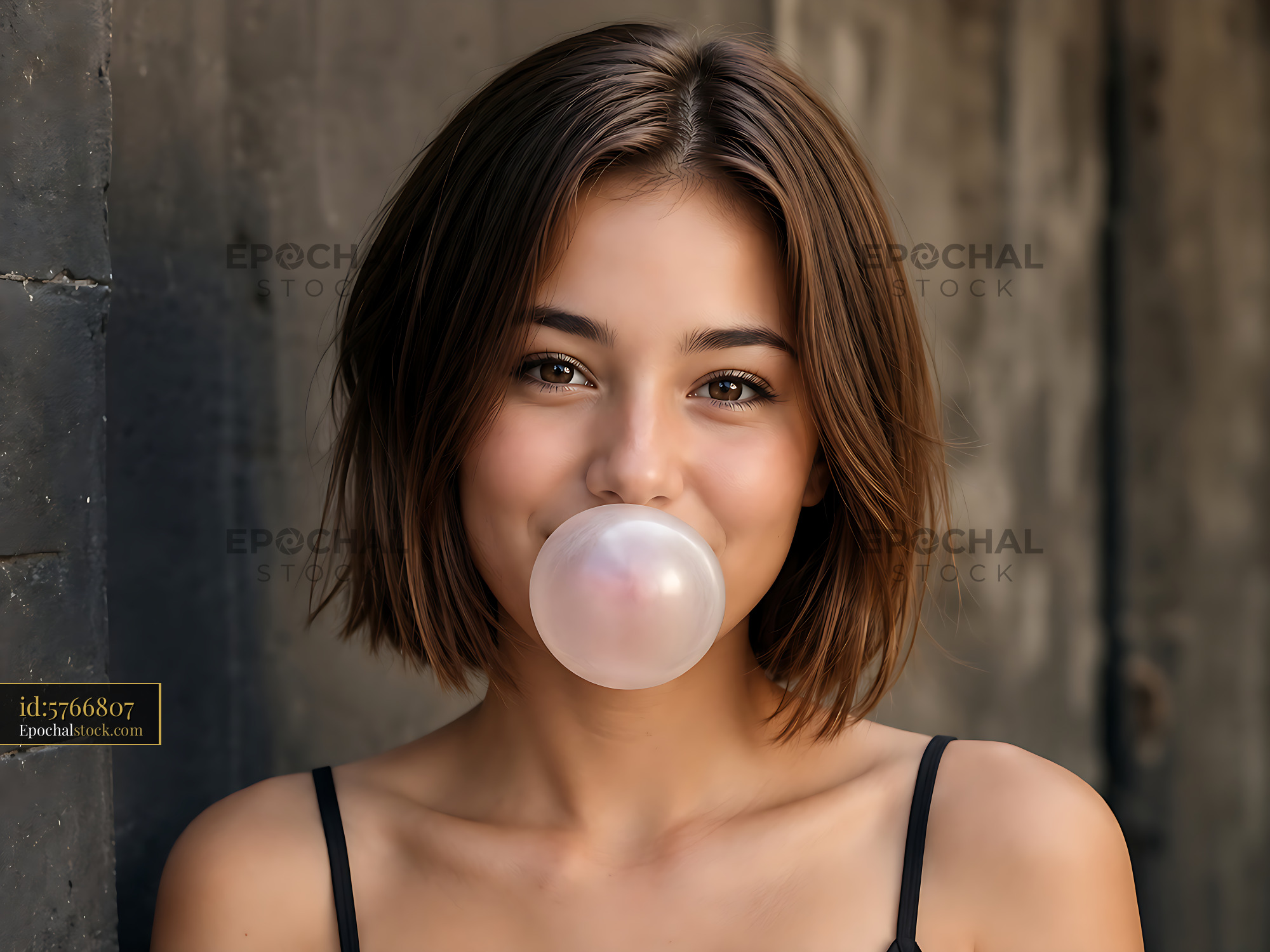 Girl Blowing Bubble Gum While Standing Against a Wall - stock photo