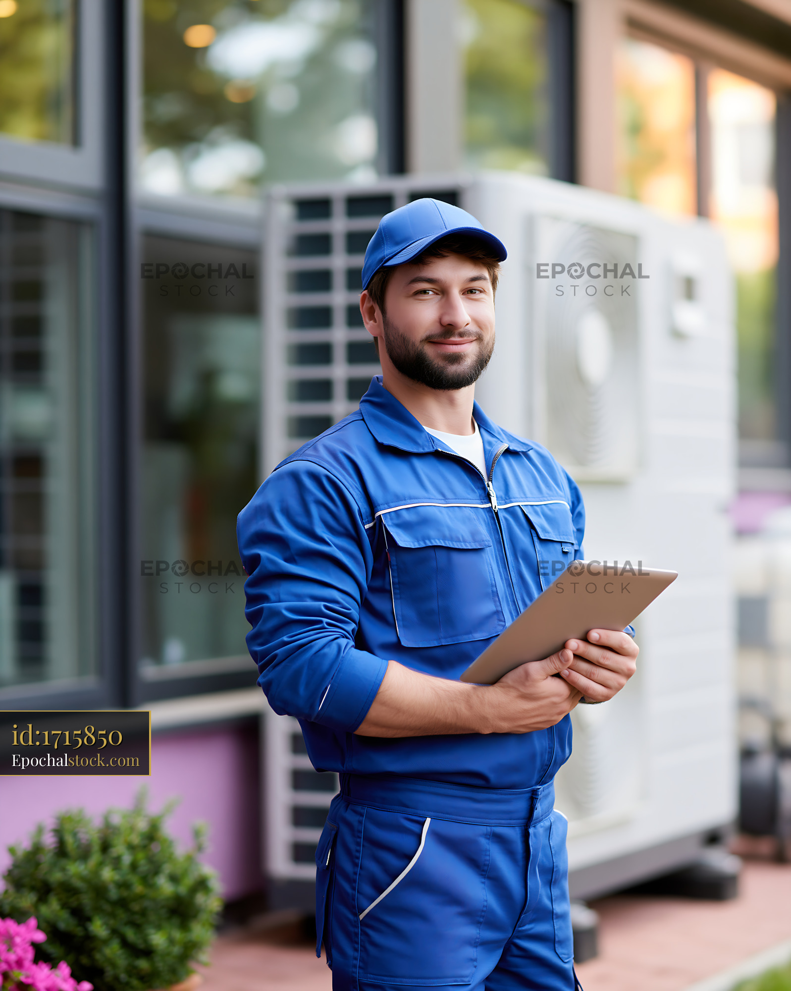 Watermarked full-resolution preview of Professional technician with tablet standing outside facility