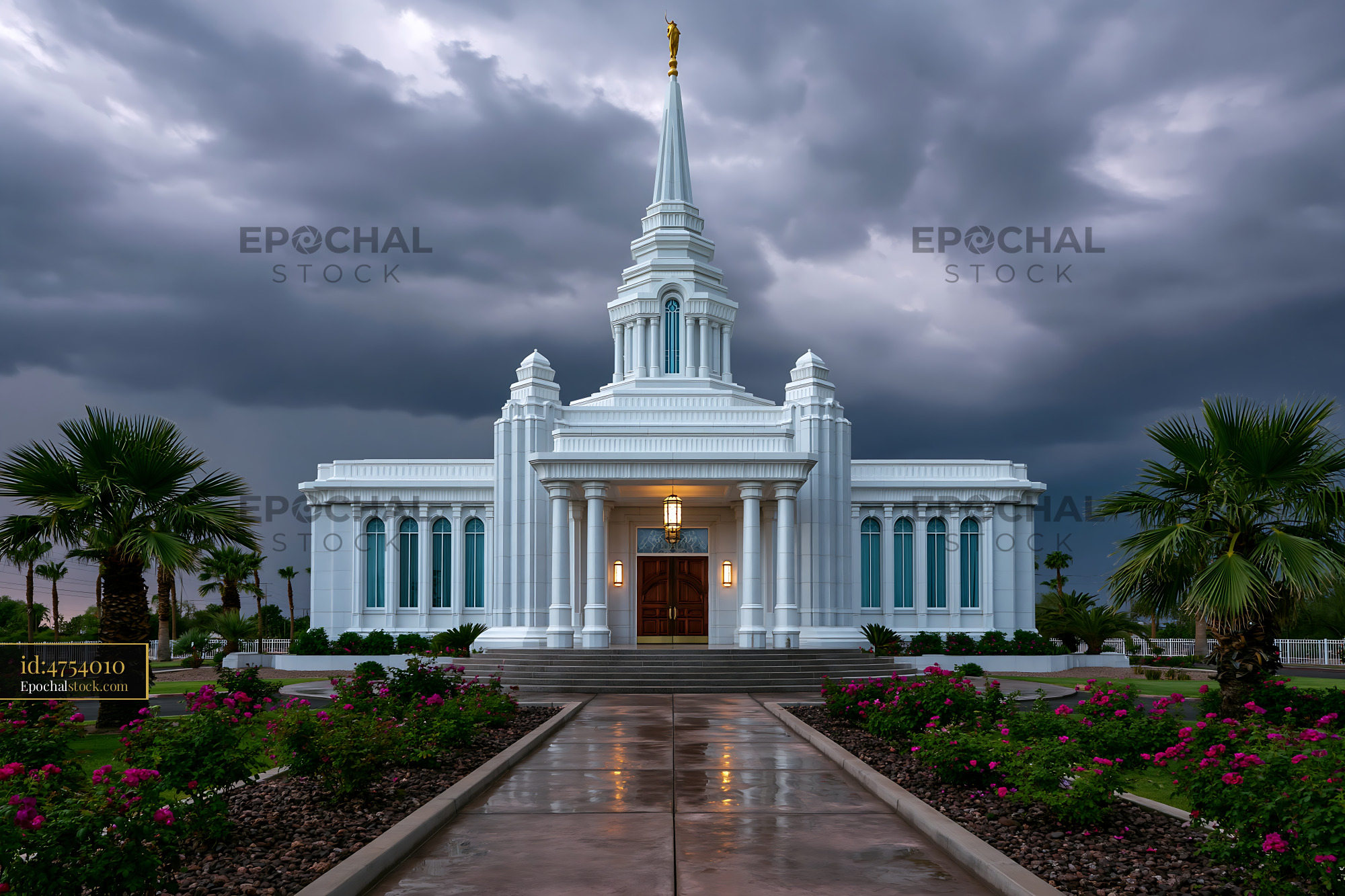 Watermarked full-resolution preview of Church stands under dark clouds with palm trees and flowers
