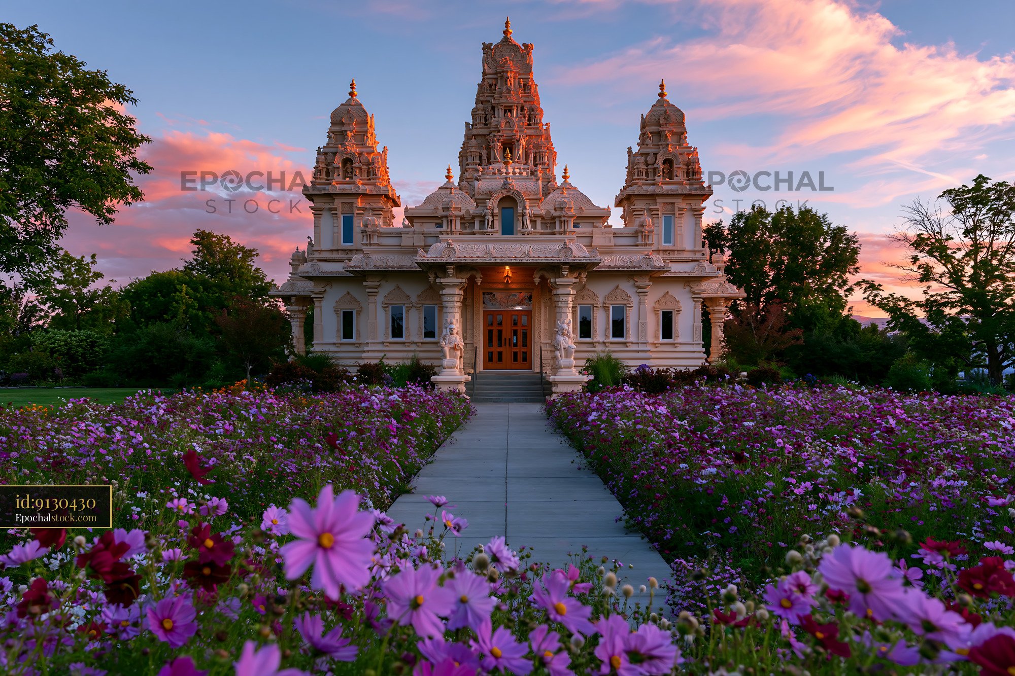 Hindu Temple in Boise, Idaho With Blooming Flowers at Sunset - stock photo