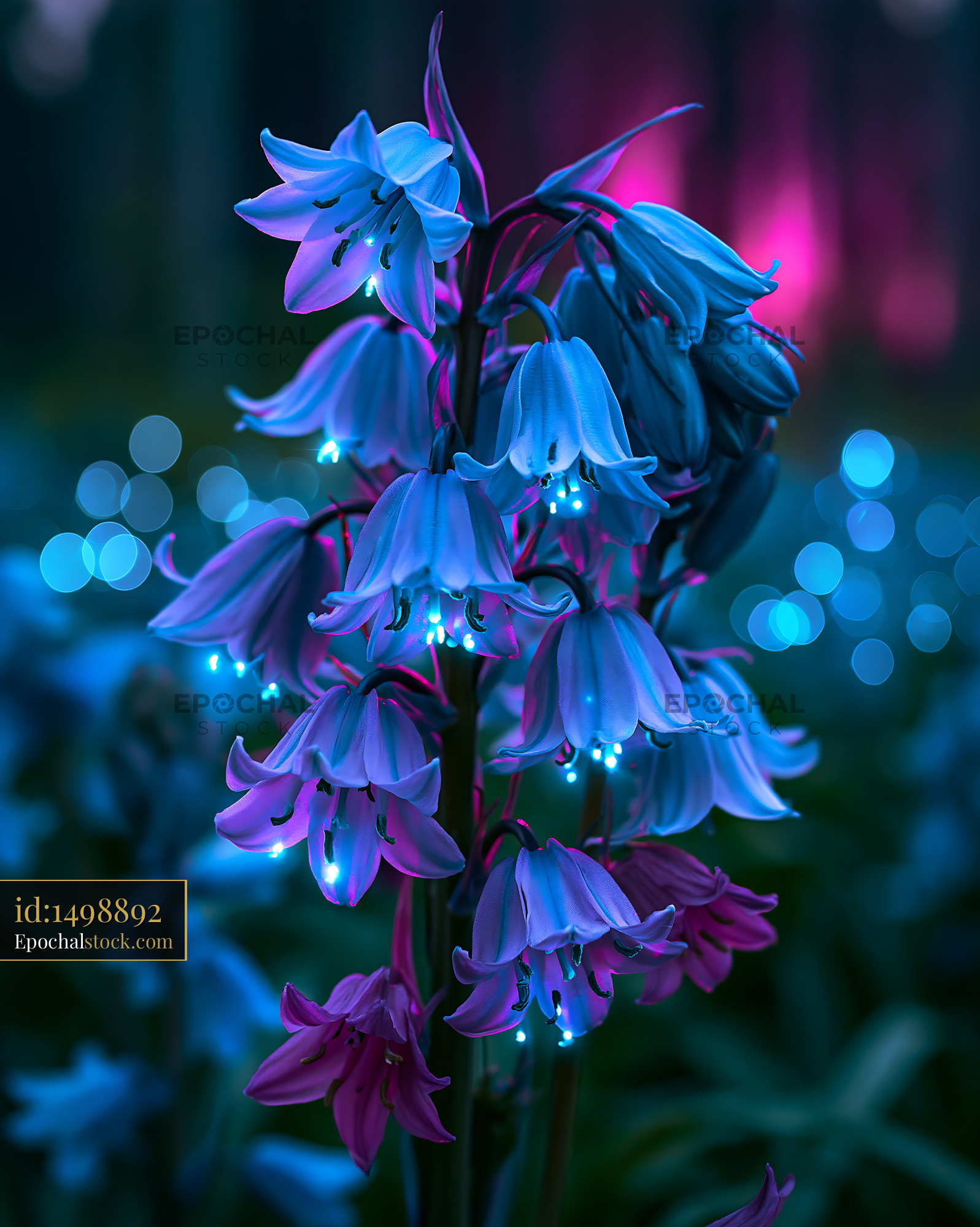 Watermarked full-resolution preview of Flowers glowing with blue and purple lights in a dark forest