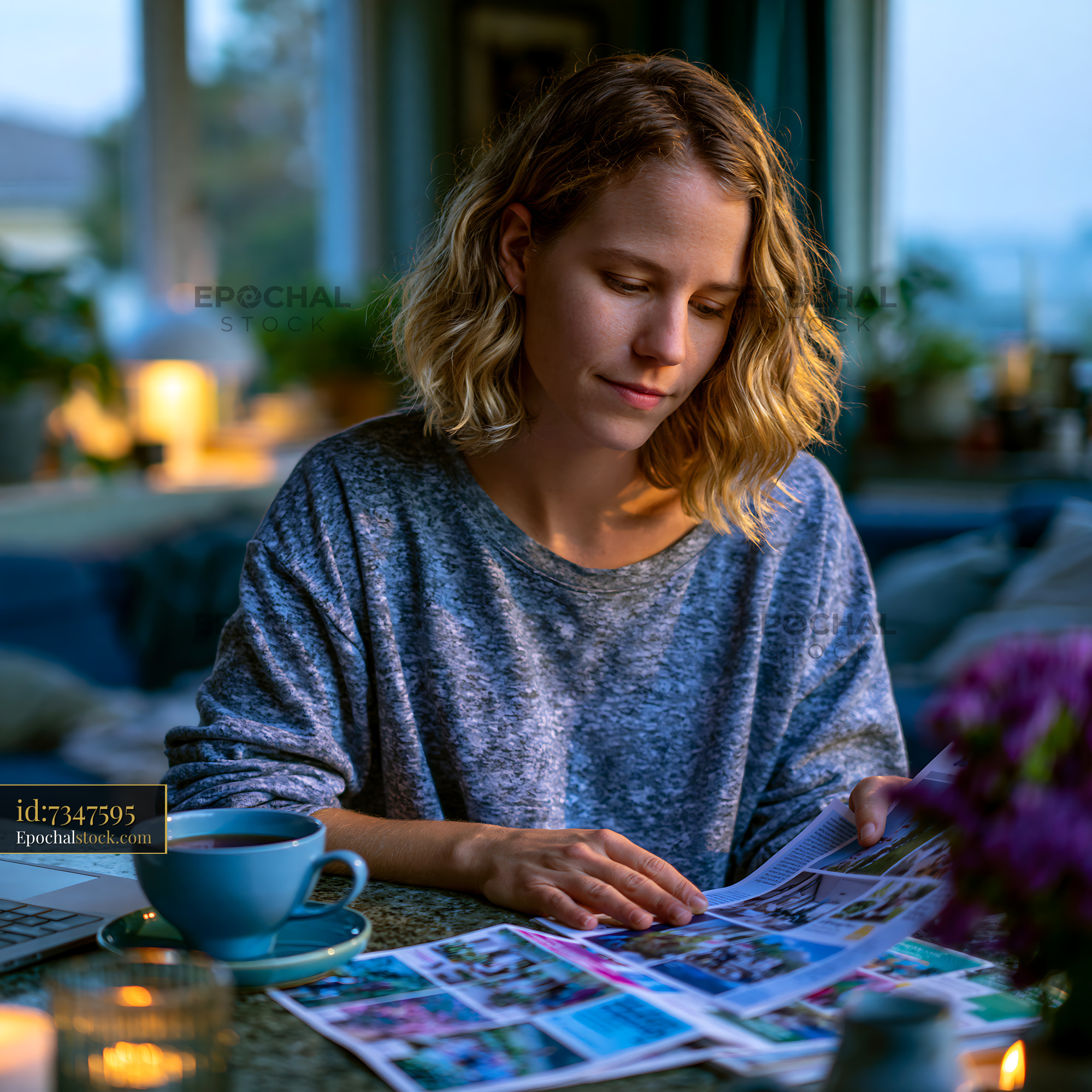 Watermarked full-resolution preview of Woman looking at printed photos while sitting at a table