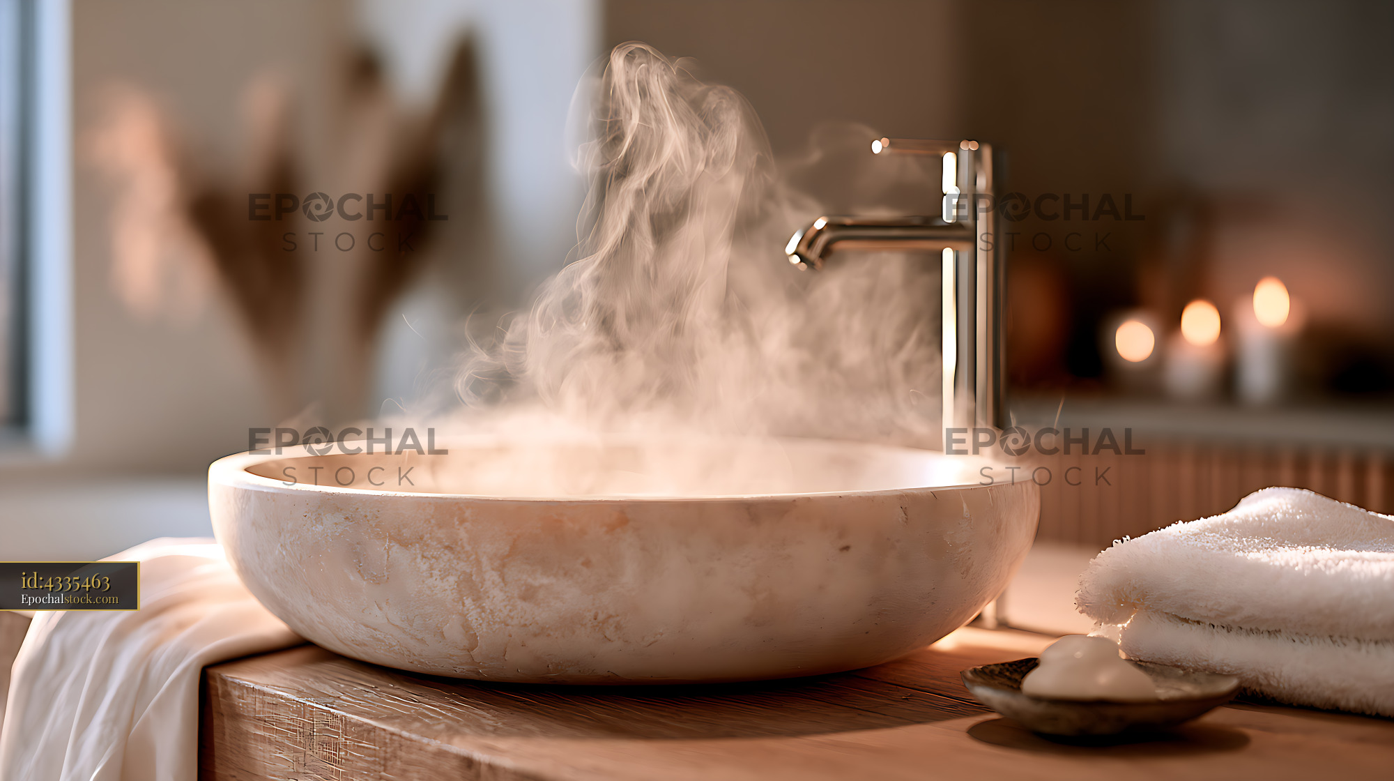 Watermarked full-resolution preview of Steam rising from a stone bathtub in a cozy bathroom