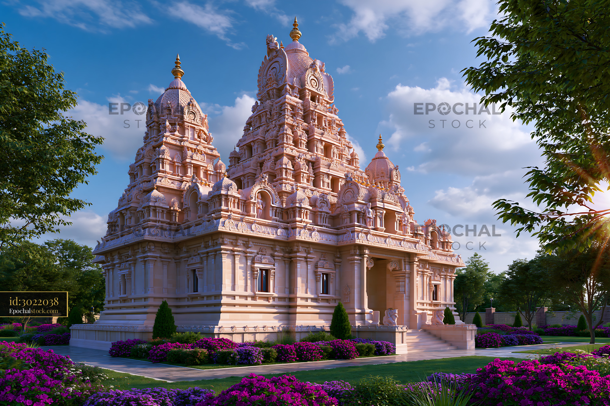 Watermarked full-resolution preview of Hindu temple with intricate architecture and colorful flowers