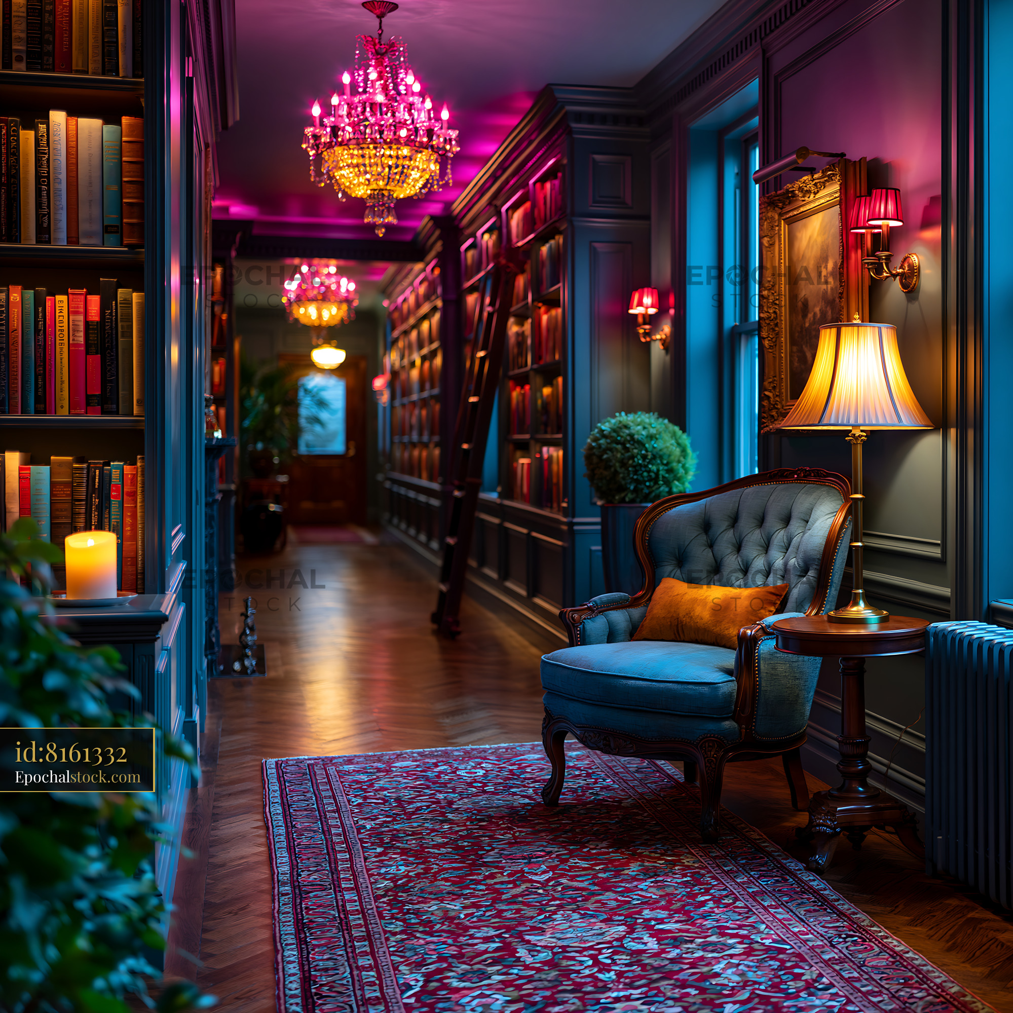 Watermarked full-resolution preview of Cozy corridor with bookshelves and warm lighting in a vintage setting