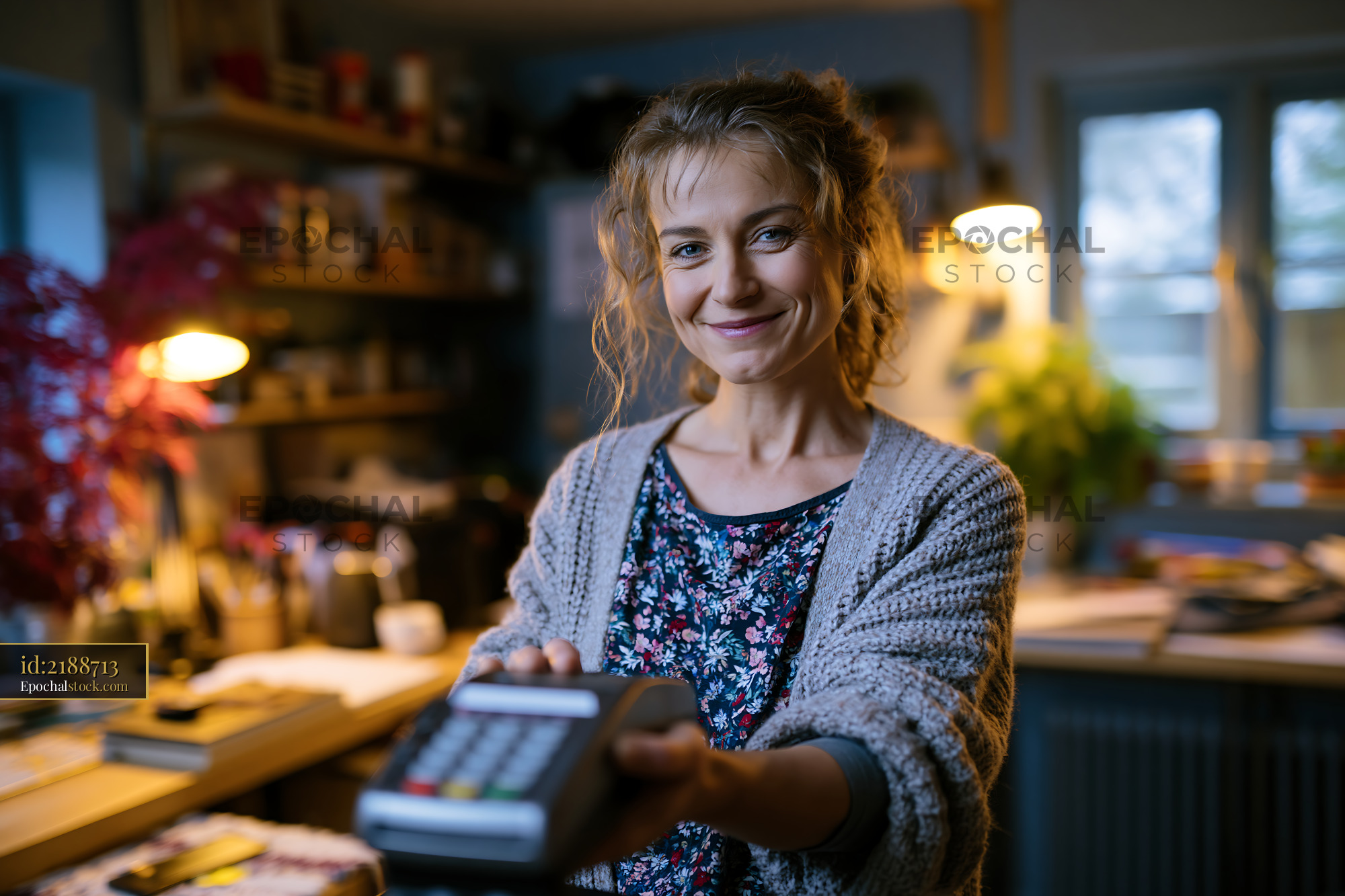 Watermarked full-resolution preview of Woman in a cozy room using a payment terminal