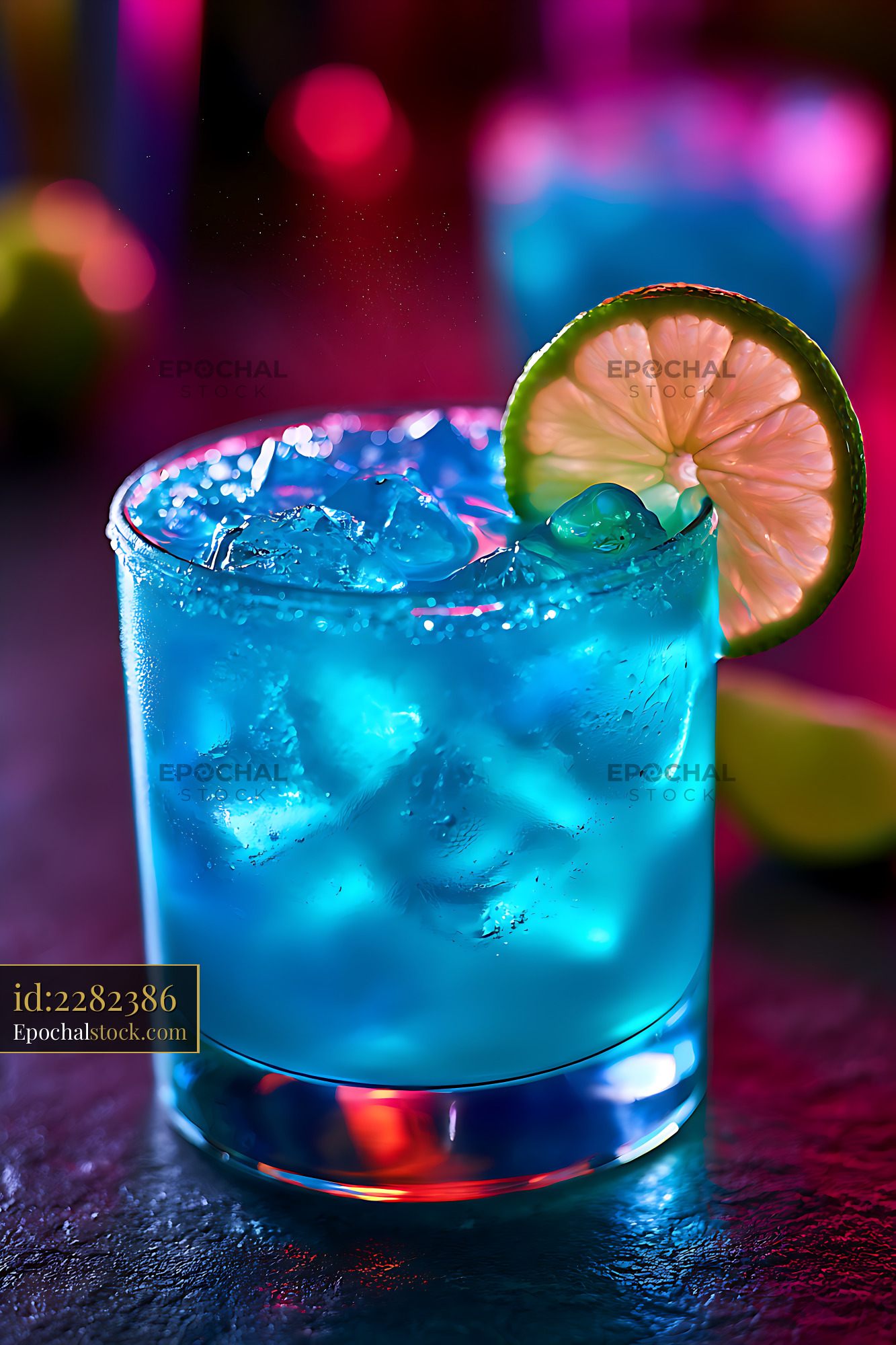 Watermarked full-resolution preview of Vibrant blue cocktail with lime and ice
