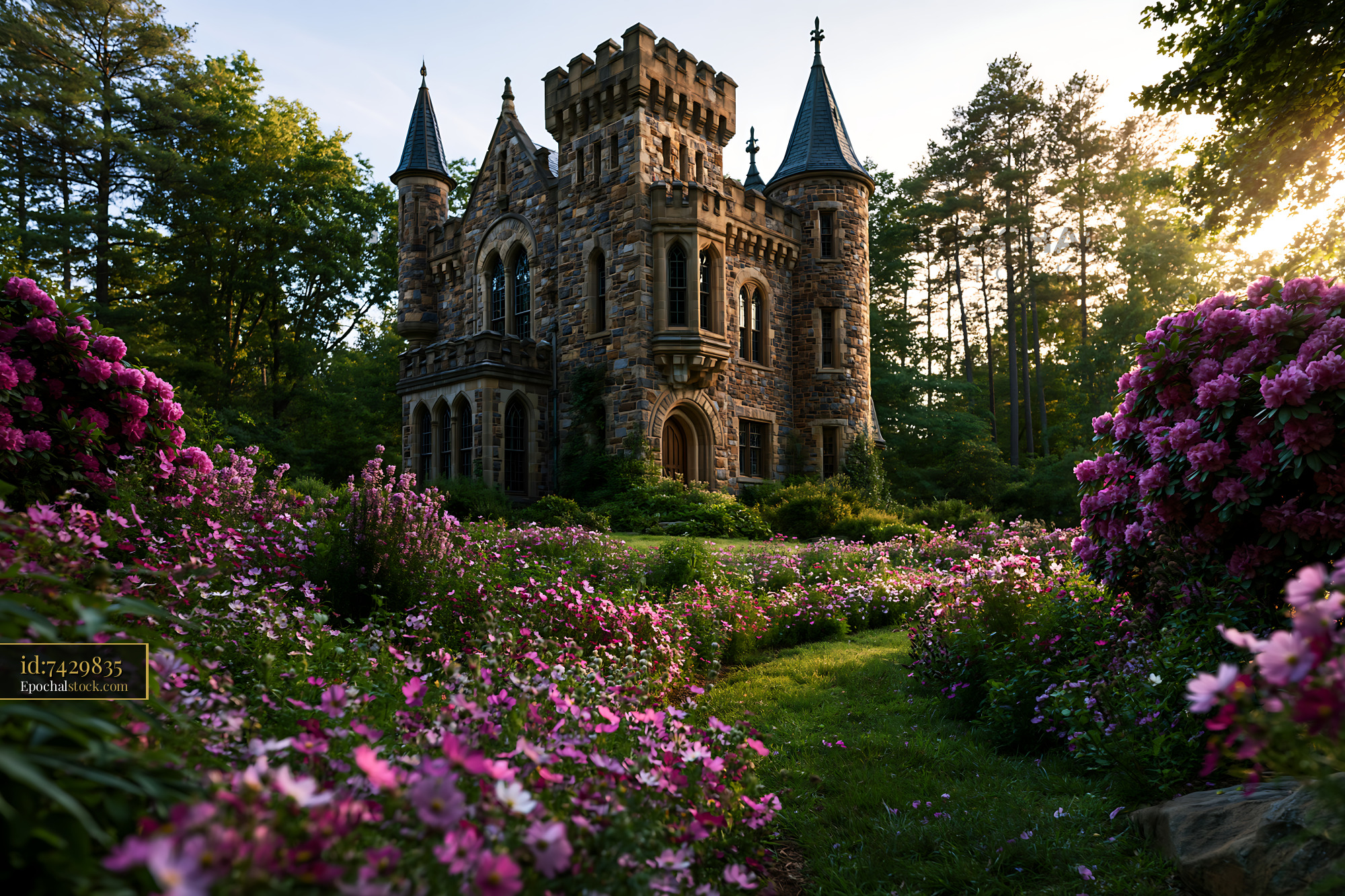 Watermarked full-resolution preview of Historic stone castle in a colorful flower garden